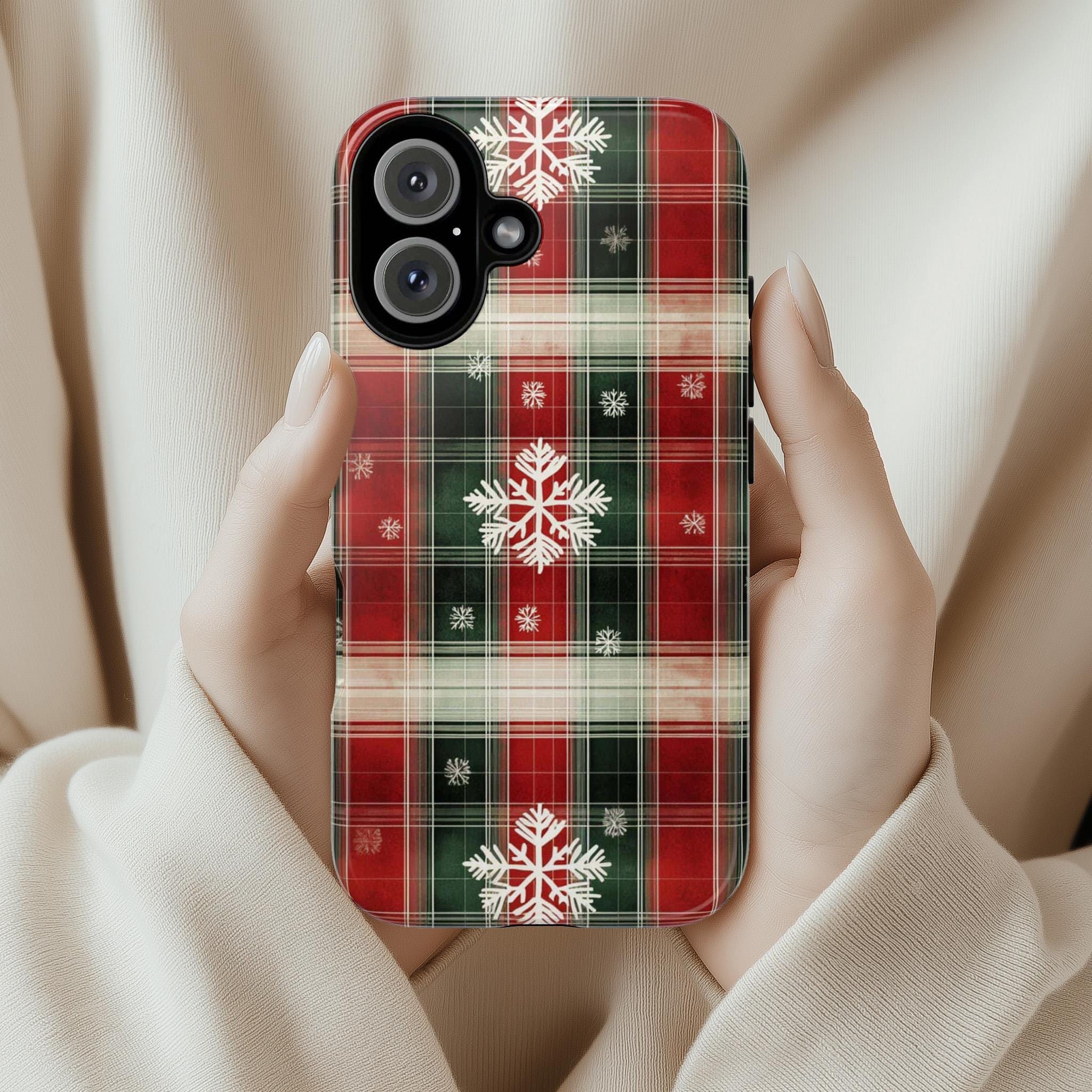 Cozy Christmas Plaid Phone Case, Festive Xmas Holiday Snowy Phone Cover for iPhone 15 14 13 Pro Max Plus, Magsafe, Galasy S25, 426.1