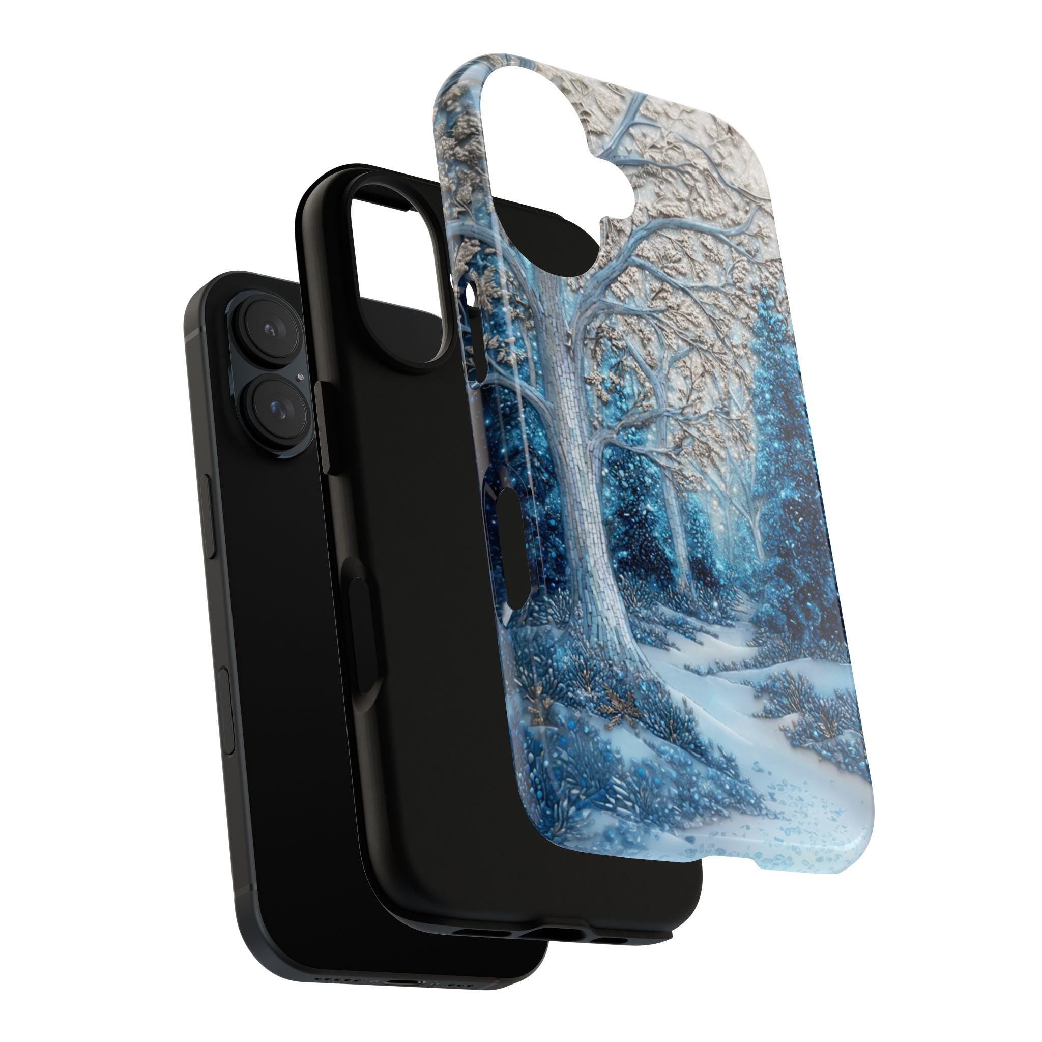 Winter Forest Phone Case,Cozy Holiday Mosaic Snowy Landscape, Frosty Woods Case for iPhone 17 16 15 Tough or Magsafe, Samsung, 481.6