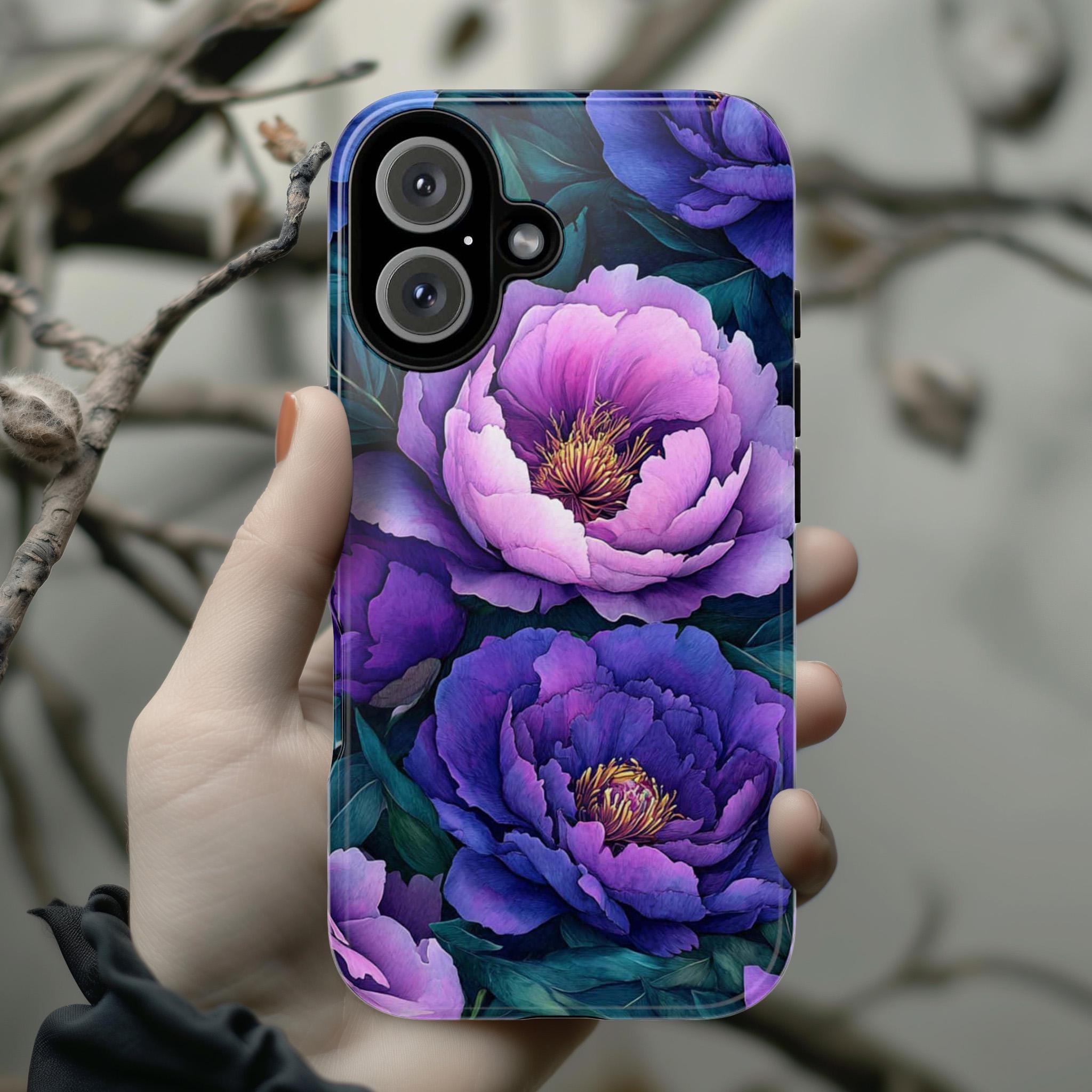 Purple and Pink Peony Floral Phone Case, Botanical Flower Design, Elegant Garden Lovers Case for iPhone 16 15 14 13 Tough or Magsafe, 439.62