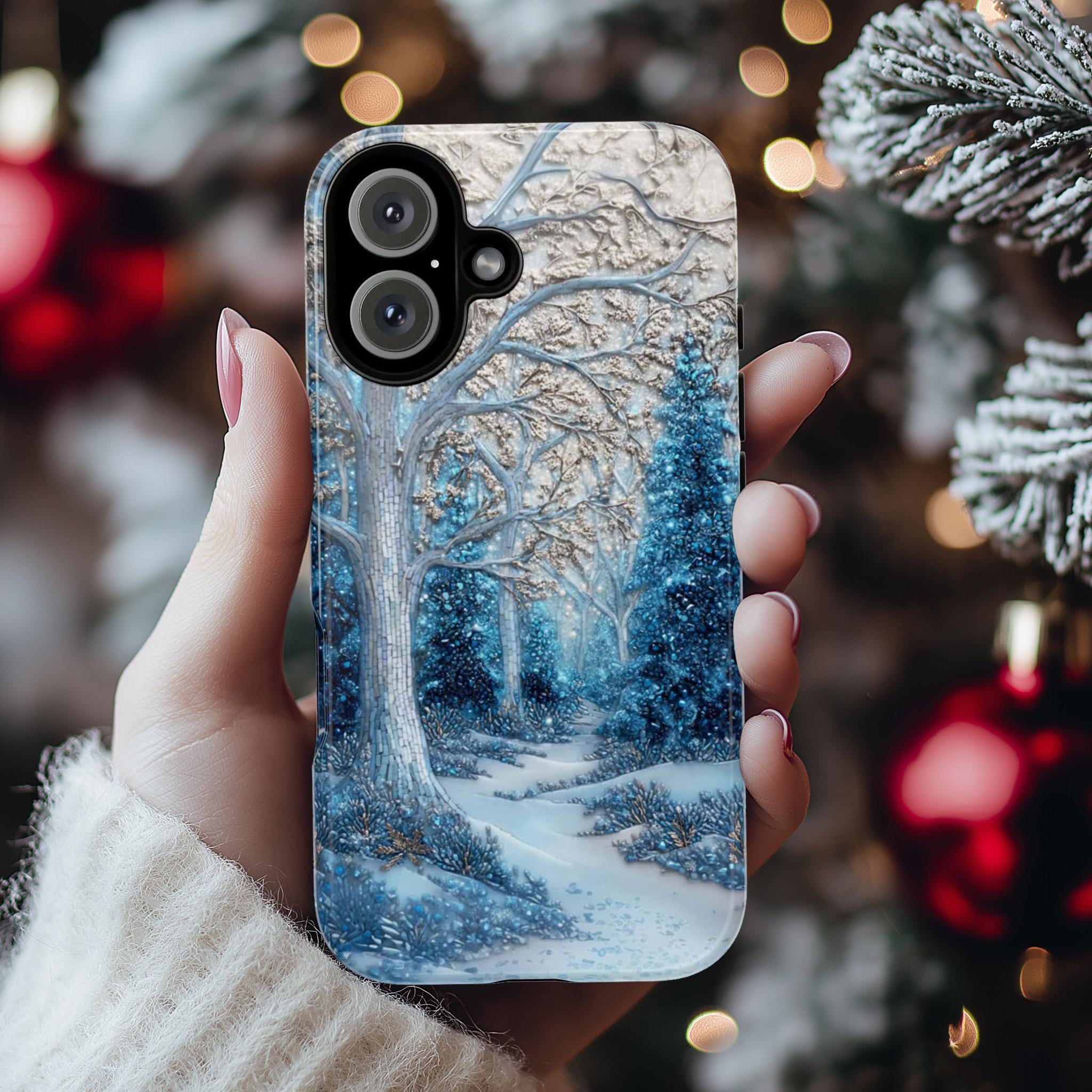 Winter Forest Phone Case,Cozy Holiday Mosaic Snowy Landscape, Frosty Woods Case for iPhone 17 16 15 Tough or Magsafe, Samsung, 481.6