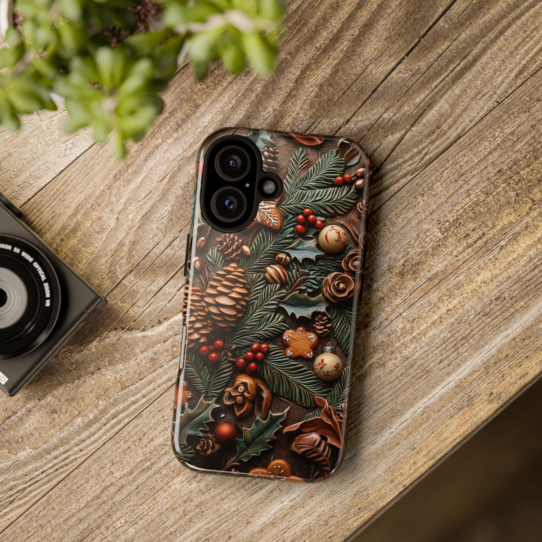 Pine Cone 3D Christmas Phone Case, Holiday Pine and Berry Design MagSafe for iPhone 16 15 14 13 Pro Max Plus, Samsung S25, Pixel 9, 433.3