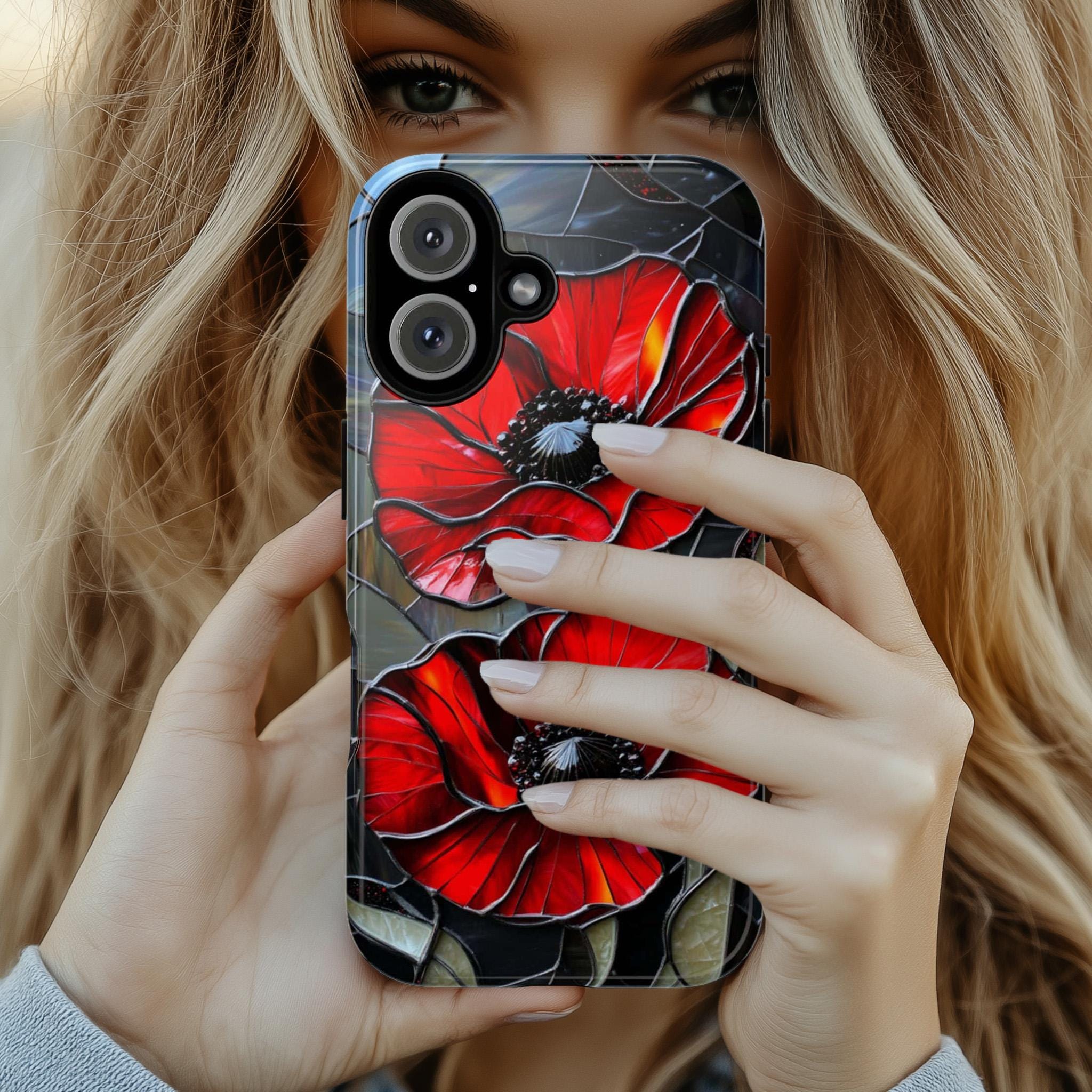 Stained Glass Red Poppies Phone Case, Mosaic Vibrant Red Poppy MagSafe Case for iPhone 16 15 14 13 Tough or MagSafe, Samsung S25, 418.17