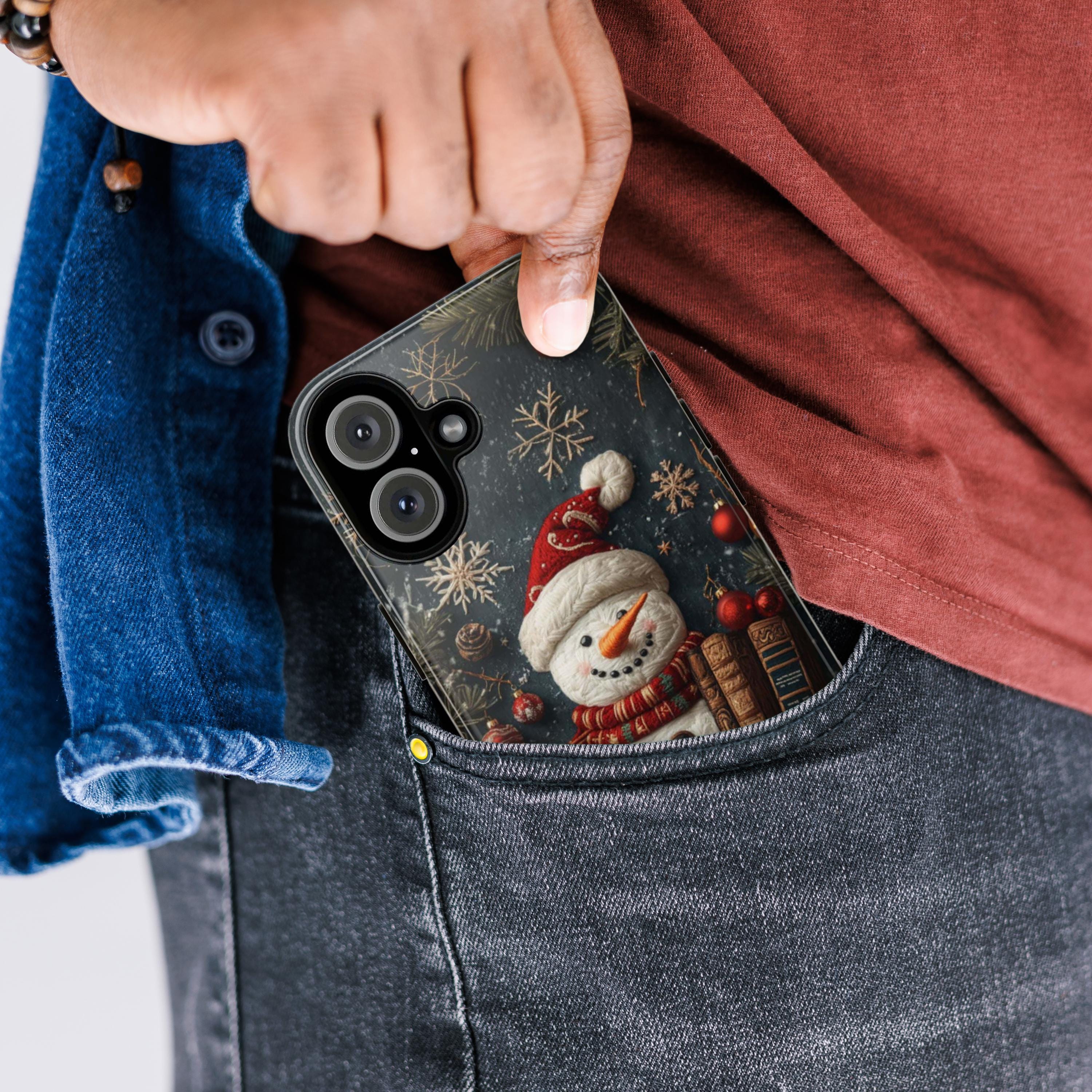 Christmas Snowman and Books Embroidered effect - Winter Xmas Holiday Library,  for iPhone 16 15 14 13 Magsafe Plus, Samsung S24, 444.6