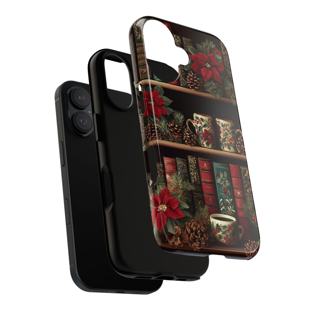 Christmas Bookshelf Phone Case, Holiday Mugs & Poinsettia Floral Cover for Tough or MagSafe for iPhone 17 16, Samsung S25, 423.34