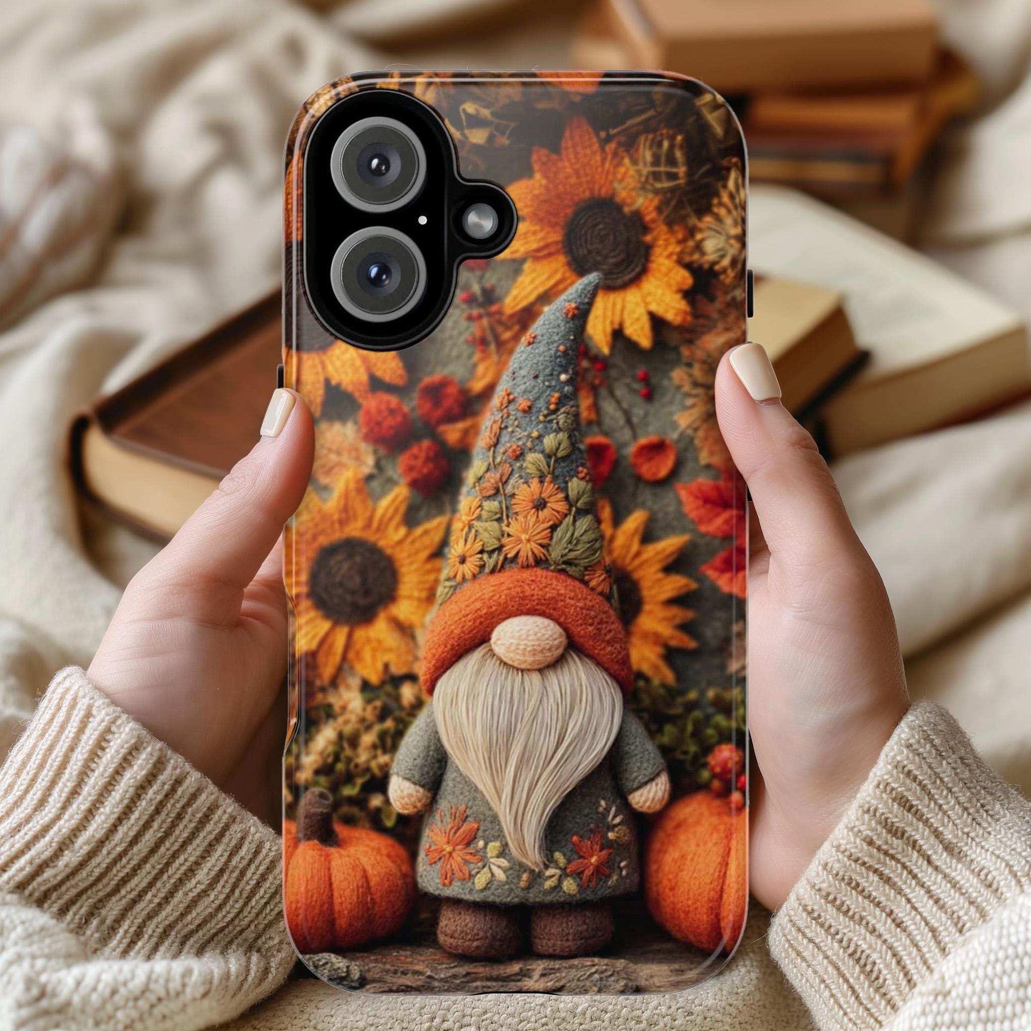 Fall Gnome Embroidery Phone Case with Felted Pumpkin | Cozy Autumn  Cute Gnome Cover for iPhone 16 15 Tough or Magsafe, Samsung, 452.16