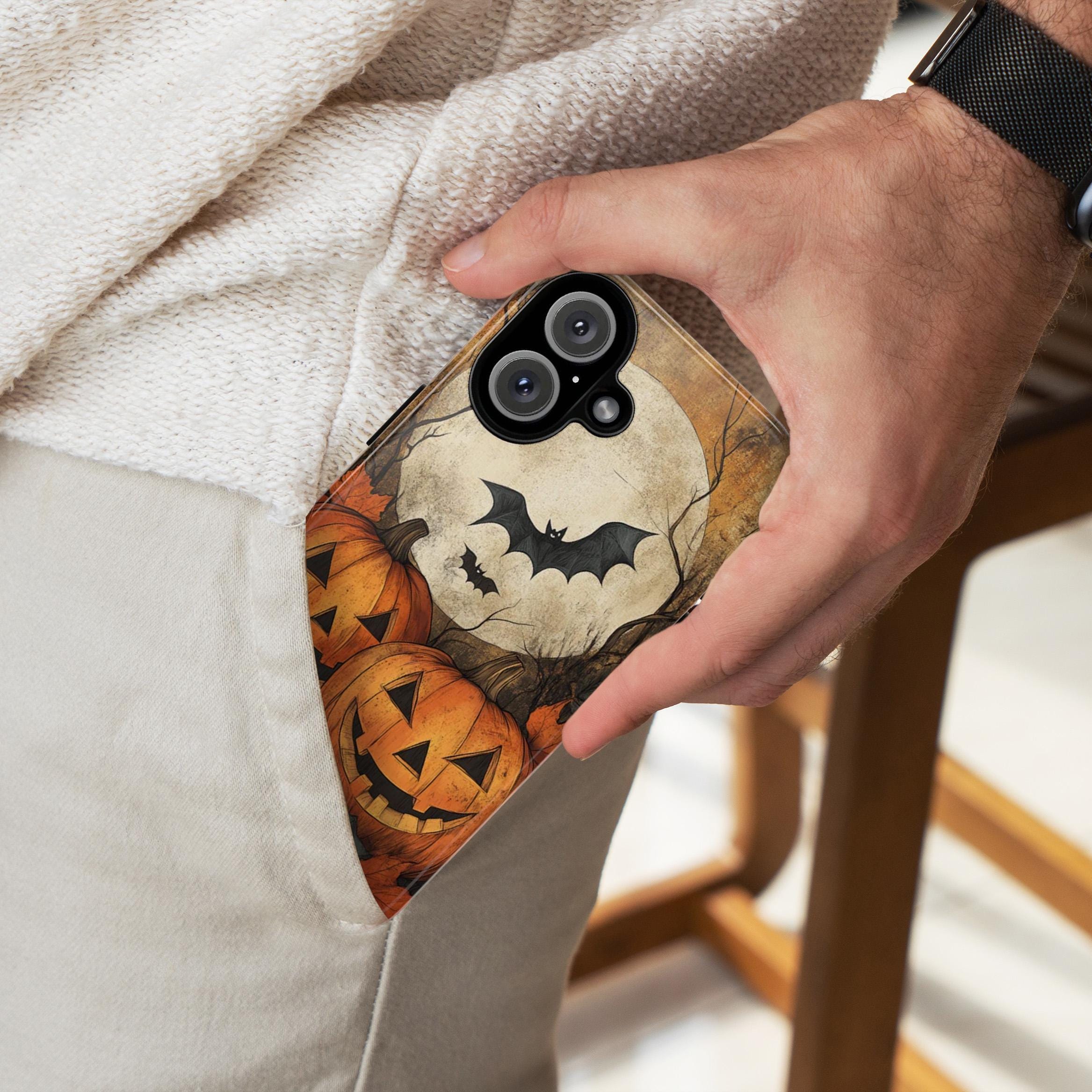 Halloween Autumn Phone Case, Pumpkins Bats & Moon, Spooky Seasonal Cover in Artistic Fall Style for iPhone Tough or Magsafe, Samsung, 475.2