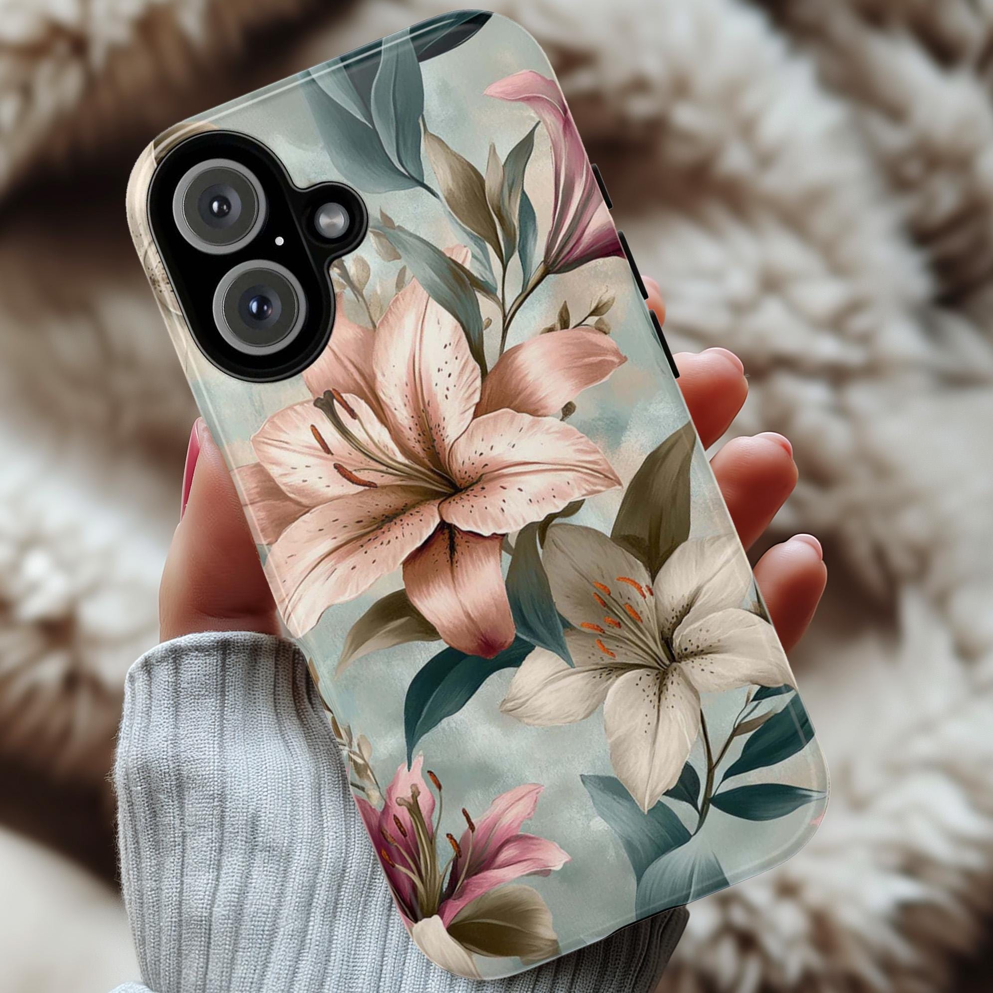Pastel Floral Phone Case with Elegant Lily Design, Soft Aesthetic Cover for iPhone and Android, Romantic Nature-Inspired Gift, 477.2