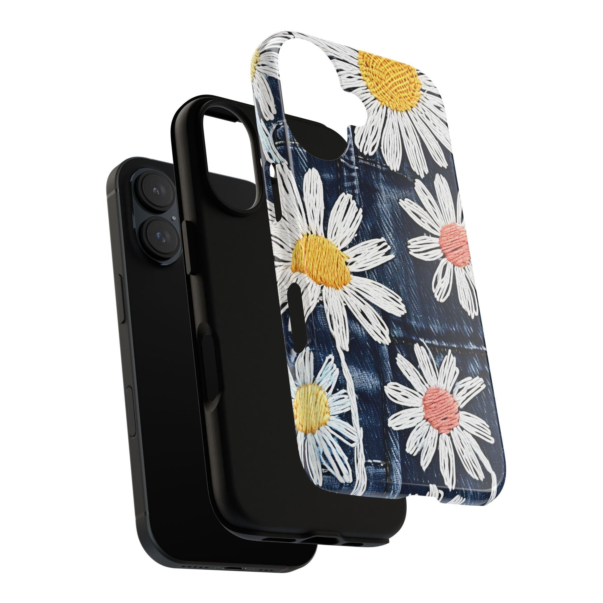 Embroidered Style Daisies on Denim Texture Phone Case, Floral Phone Cover for iPhone 16 Tough or Magsafe, Pixel 9, Samsung S25, 349.1