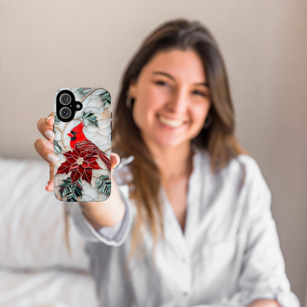 Cardinal & Poinsettia Stained Glass Winter Phone Case,  Red Bird and Floral Design MagSafe for iPhone 16 15 14 13, Samsung S24, 420.8