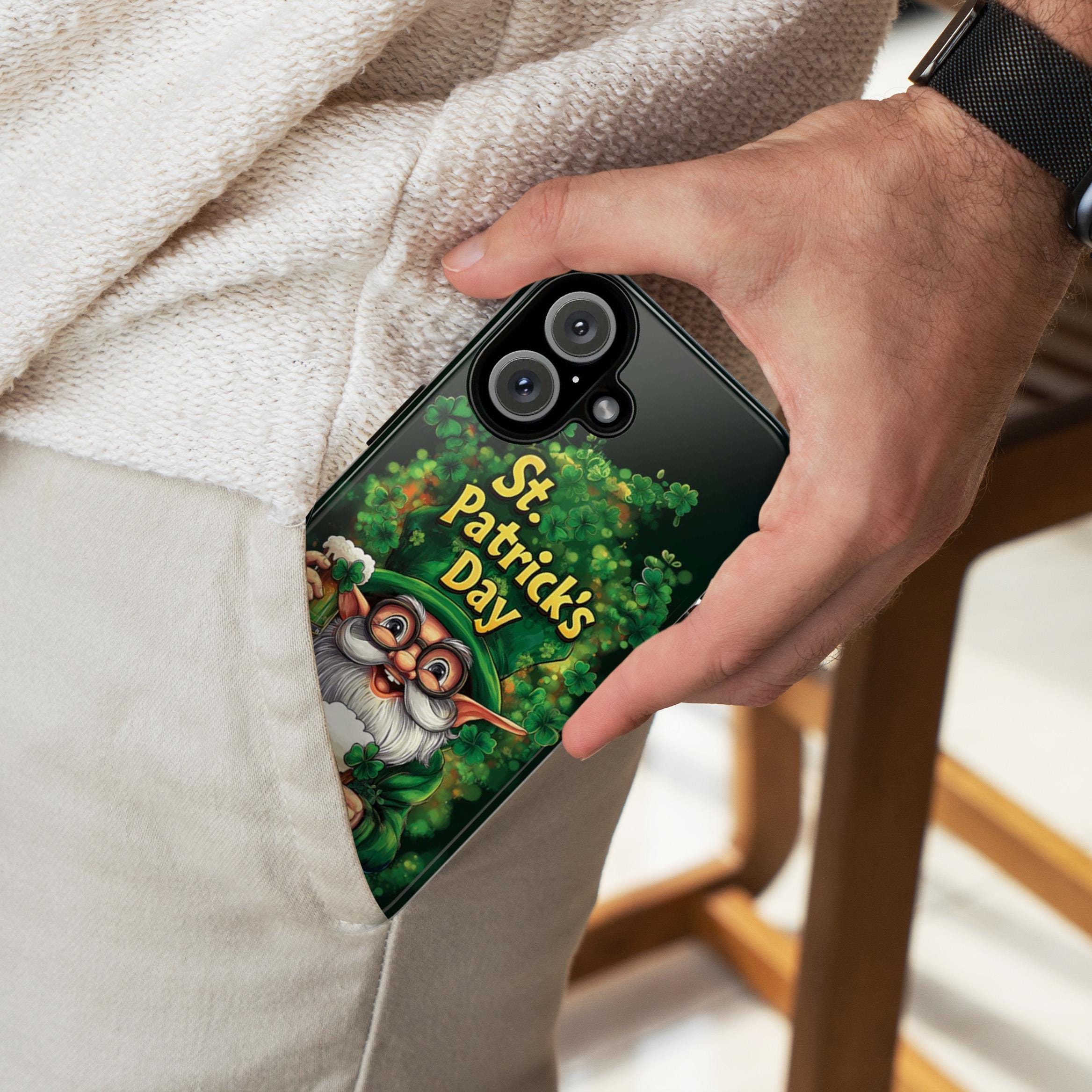 St. Patrick's Day Phone Case with Cute Gnome and Shamrocks, Lucky Irish Inspired Cover for iPhone 16, 15, Samsung Galaxy S24, 457.2