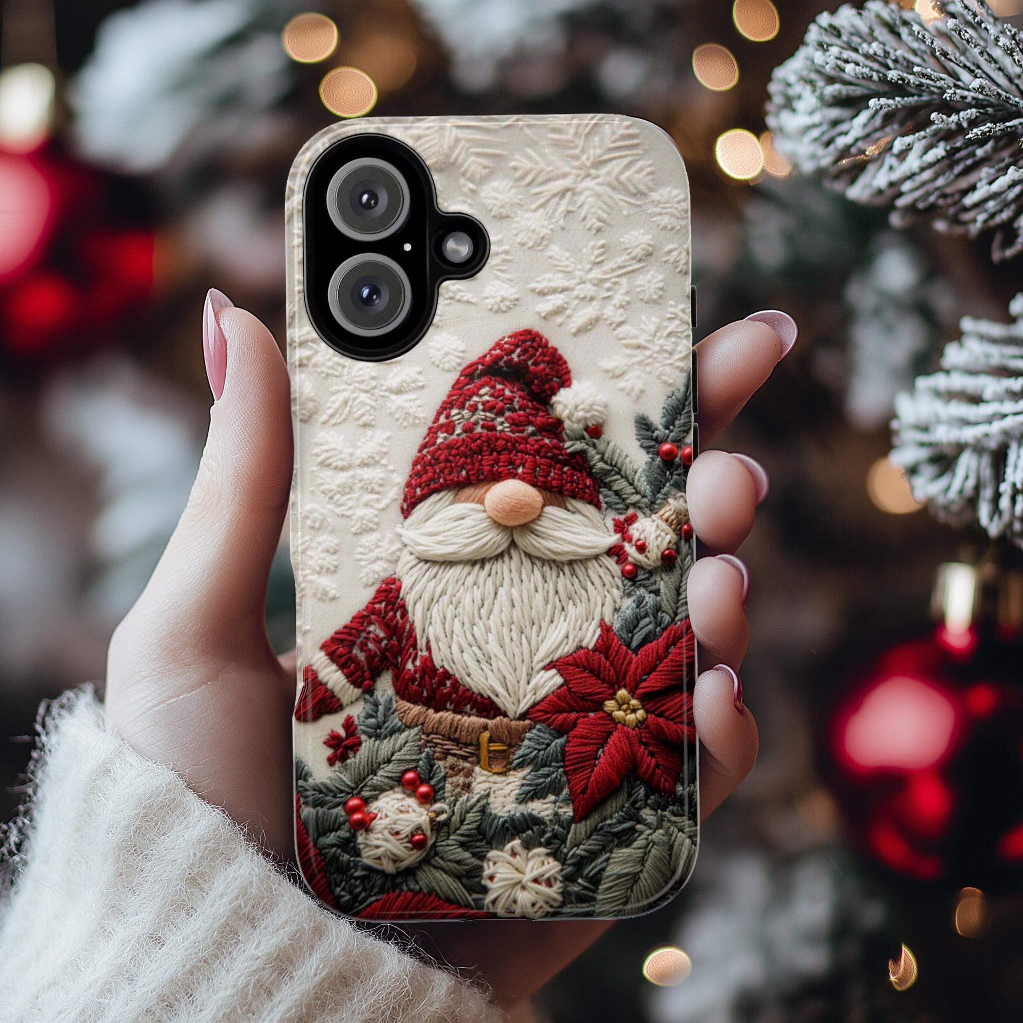Christmas Gnome Phone Case, Poinsettia Florals Festive Holiday Gnome Design Snow Cover for iPhone 17 16 15 Tough or Magsafe, Samsung, 444.8