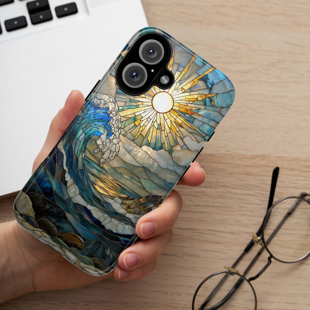 Stained Glass Sunset Ocean Phone Case, Sea-Wave Inspired Cover, Beach Lovers Gift Case Tough or Magsafe for iPhone 16 15 14 13, 455.12