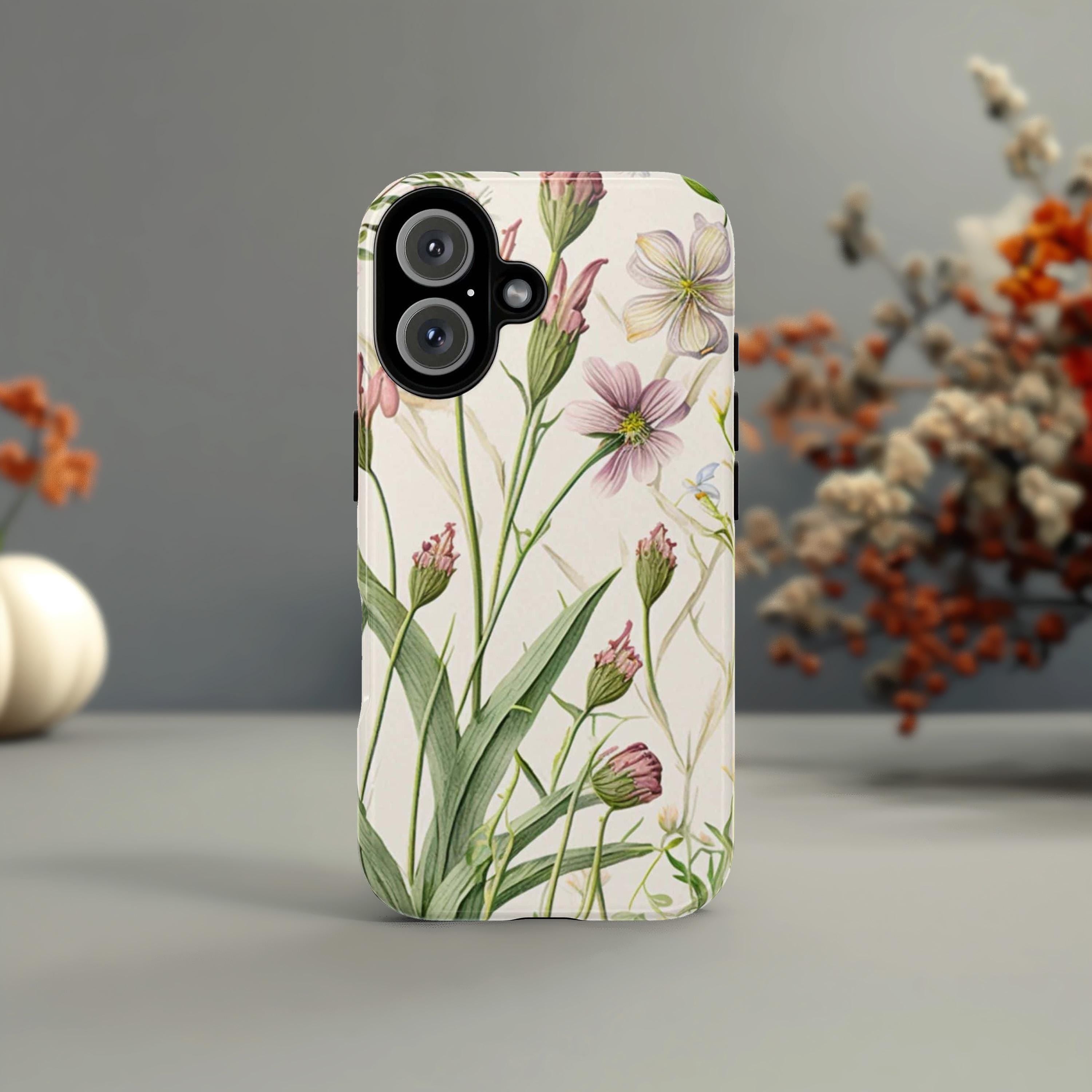 Botanical Floral Phone Case, Wild Flowers Spring Vibes Phone Cover with Ghost Leaves for iPhone 16 15 Pro Max Plus/Samsung S25, 0014.4