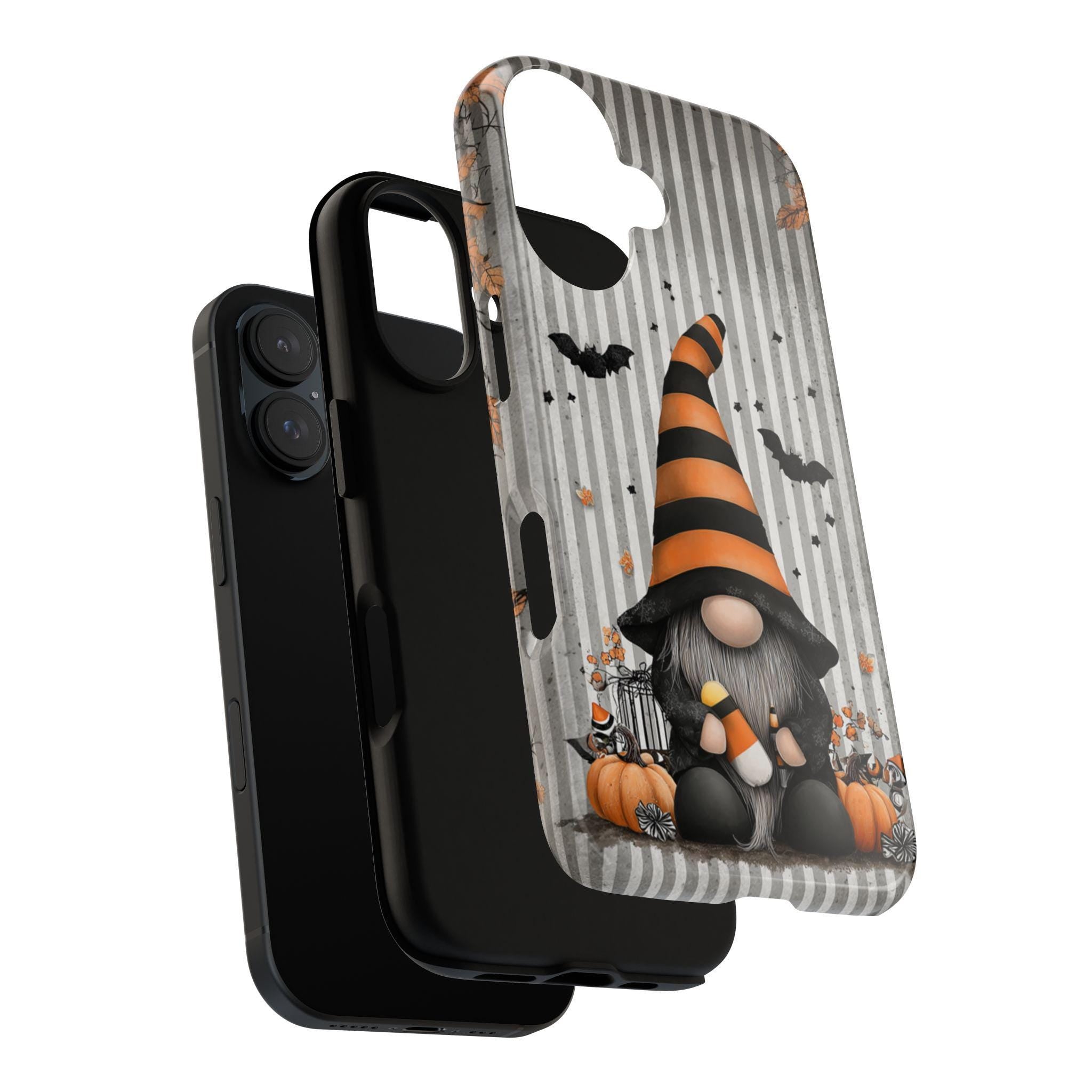Cozy Fall Gnome Phone Case, Halloween Design Phone Case, Autumn Pumpkins & Bats Cover for iPhone 17 16 15 Tough or Magsafe, Samsung, 480.3