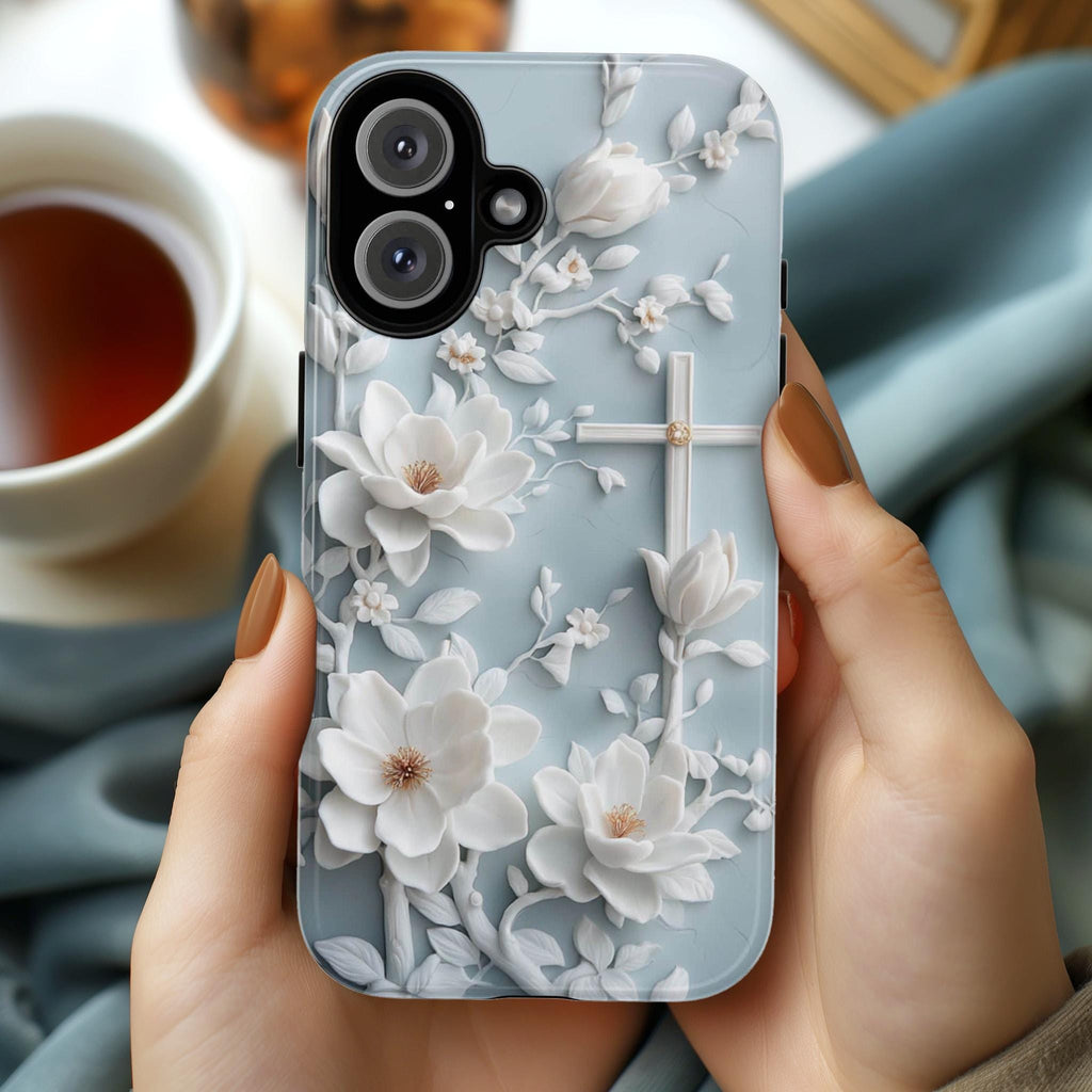 Christian White Cross Floral Phone Case, Elegant Faith Art Cover, Charm Floral Case iPhone 16 15 14 13 Tough or Magsafe, Samsung S25, 472.6