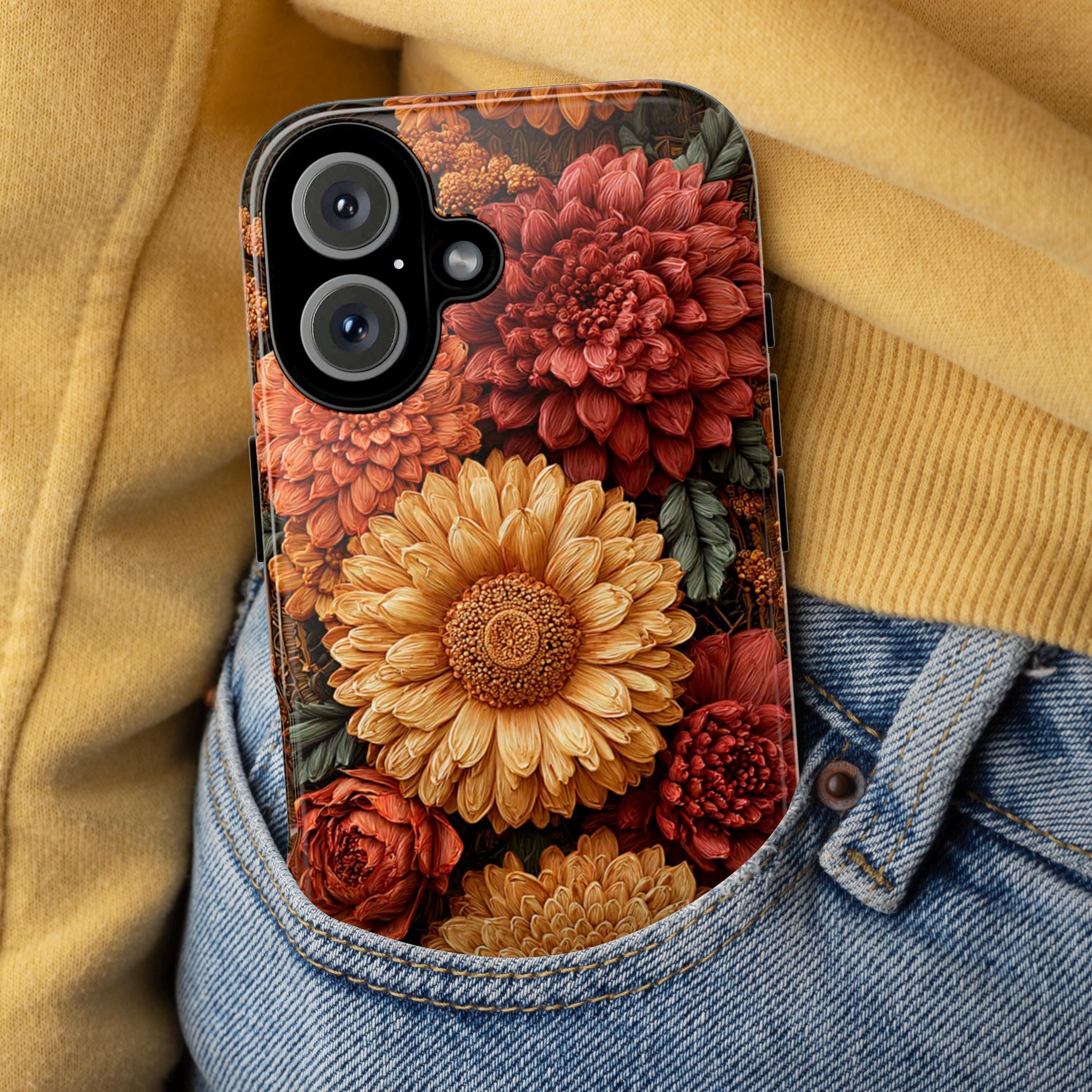 Autumn Chrysanthemum Phone Case in Soft Pastel Colors | Elegant Fall Floral Cover for iPhone 16 15 Tough or Magsafe, Samsung, 476.33