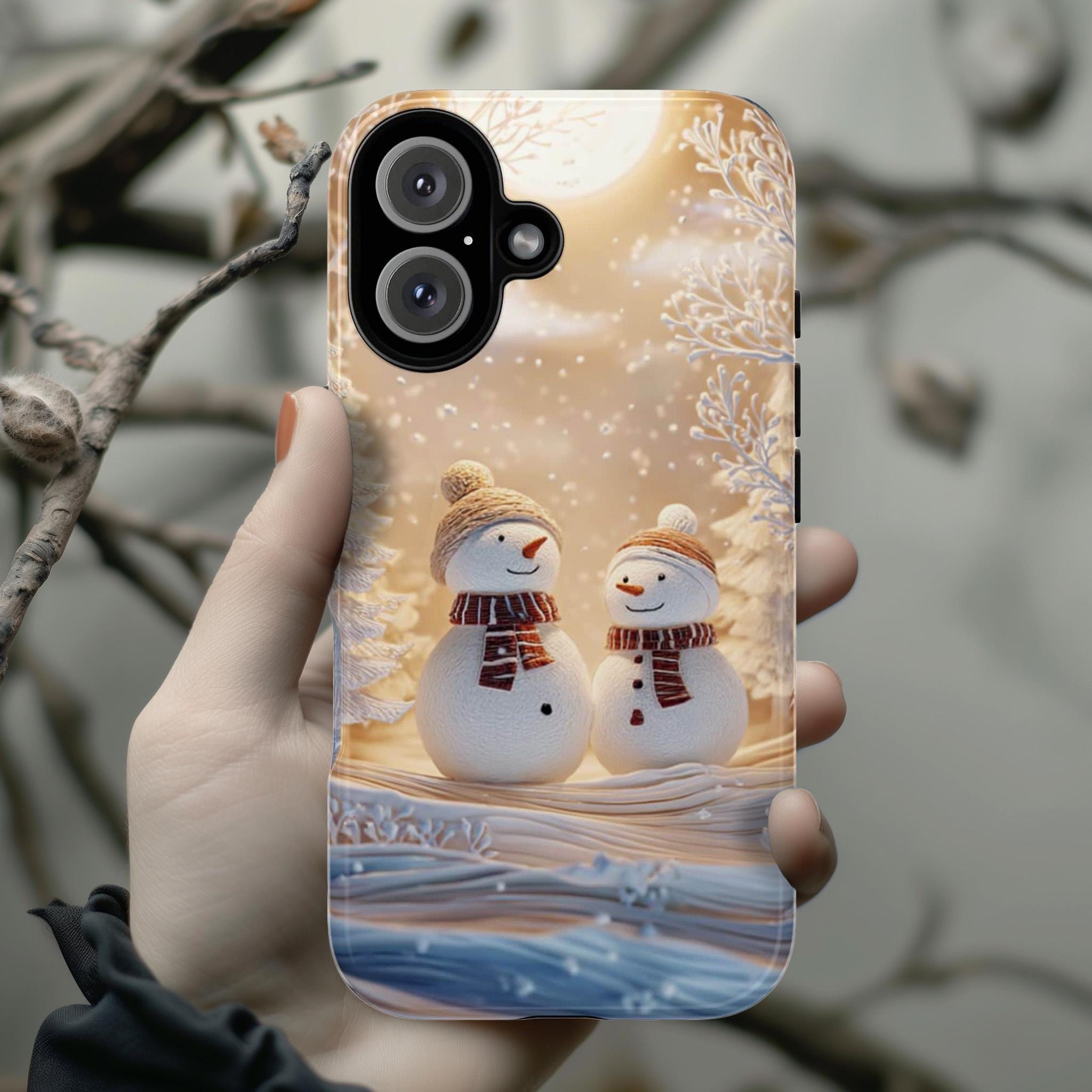 Winter Wonderland Snowman Phone Case, Christmas Holiday Snow Landscape Cover for iPhone 17 16 15 Tough or Magsafe, Samsung, 481.4