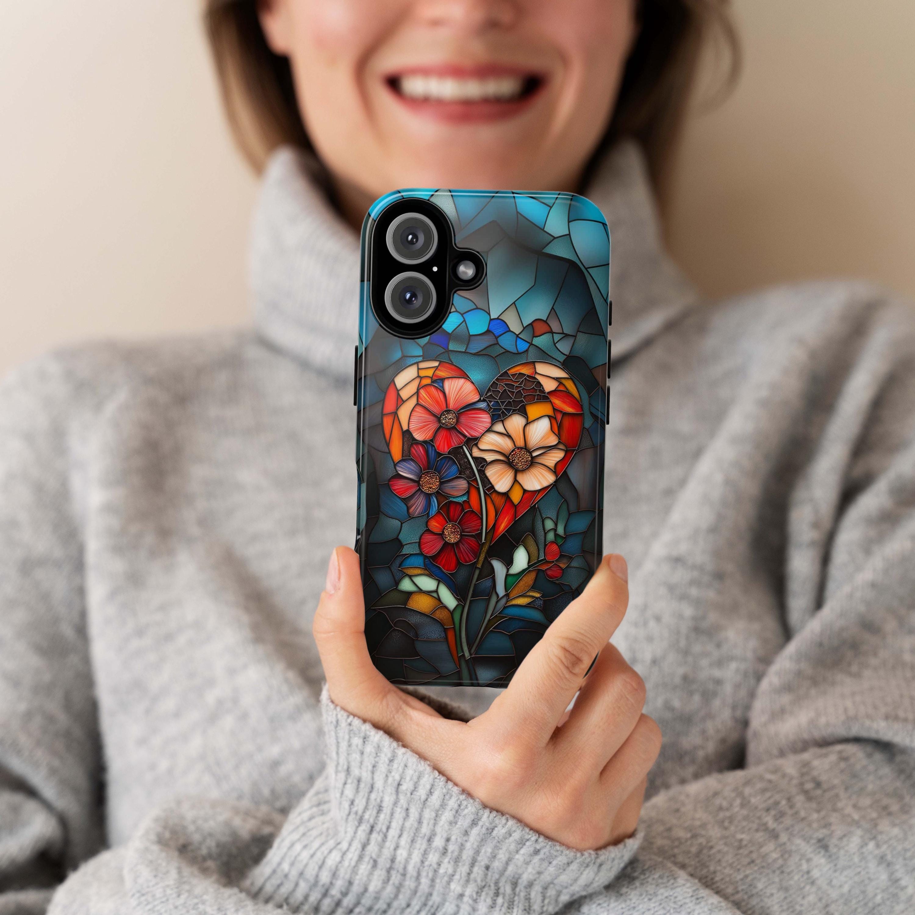 Stained Glass Floral Heart Phone Case, Valentines Day Phone Cover for iPhone 16 15 14 13 Pro Magsafe Samsung Galaxy S24, 418.10