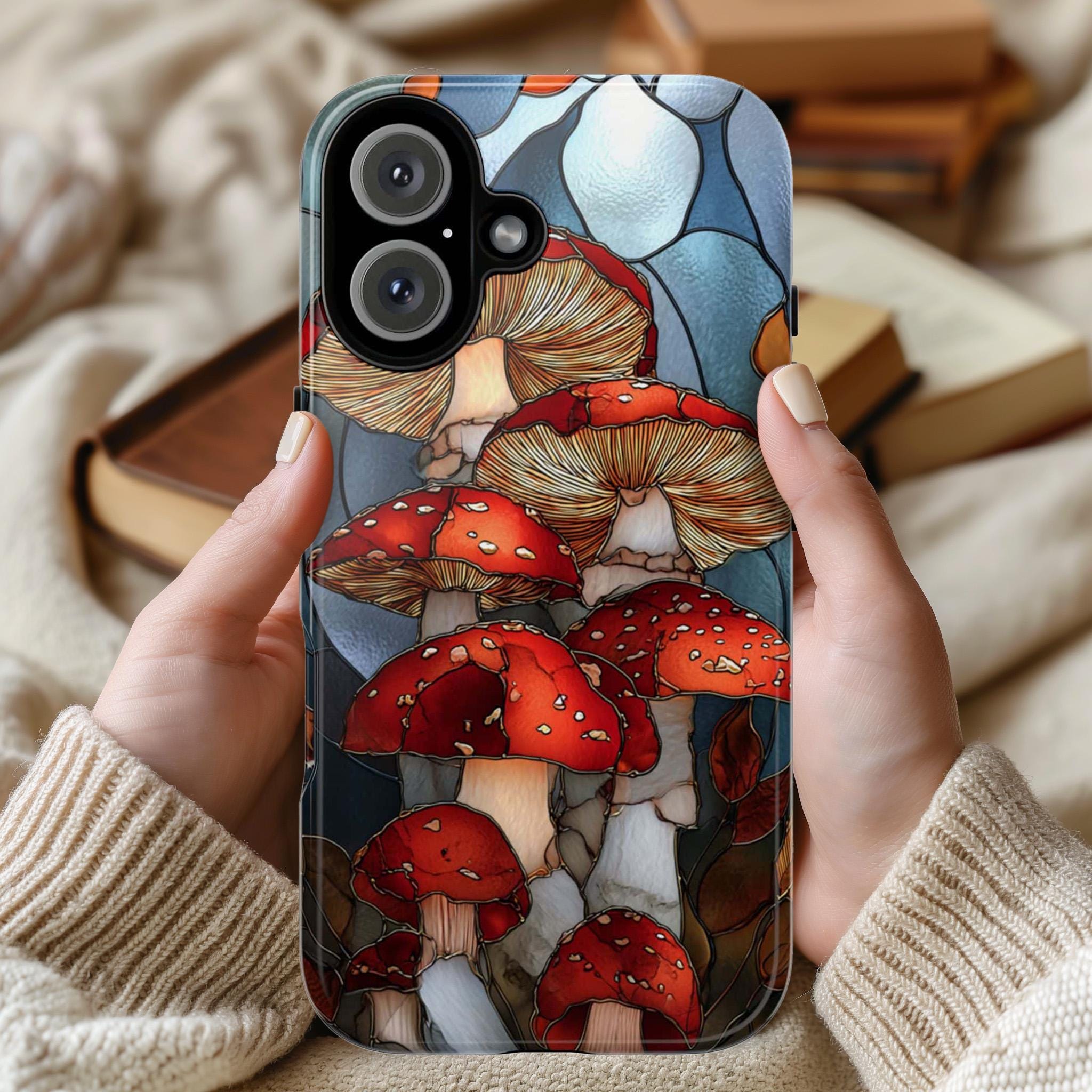 Stained Glass Mushroom Phone Case with Autumn Colors, Fall Forest Design, Artistic Nature-Inspired Phone Cover for iPhone & Samsung, 478.10