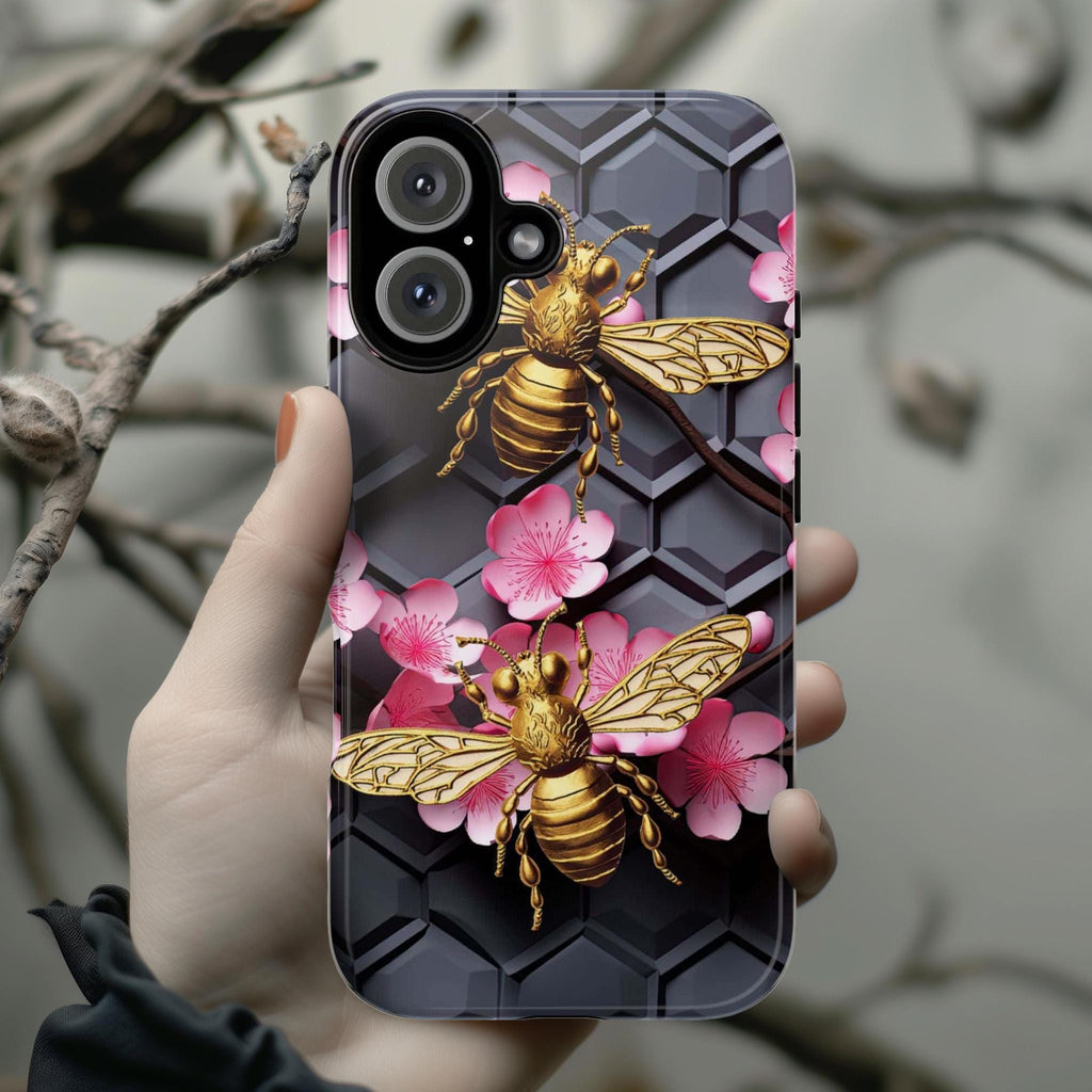 Bumble Bee Floral Lover Phone Case, Honeycomb Bees Phone Cover, Honey Bee Case for iPhone 16 15 14 13 Magsafe / Samsung S25, 102.5