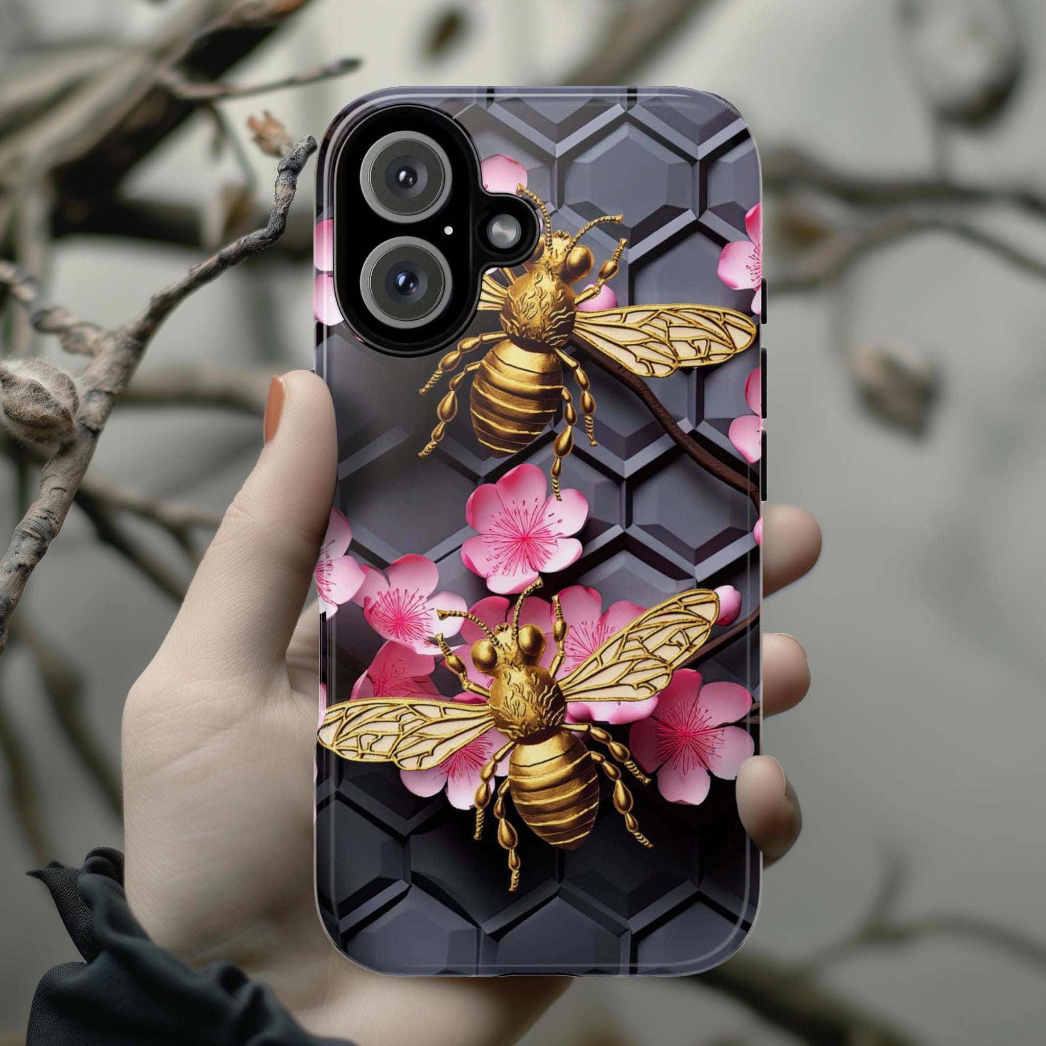 Bumble Bee Floral Lover Phone Case, Honeycomb Bees Phone Cover, Honey Bee Case for iPhone 16 15 14 13 Magsafe / Samsung S25, 102.5