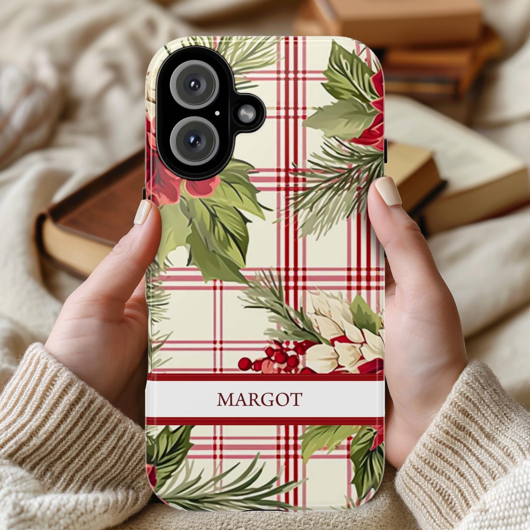 Personalized iPhone Case Holiday Holly Phone Case, Custom Xmas Phone Cover for iPhone 15 14 13 12 11 XR Pro Max Plus/Samsung Galaxy, 106.3