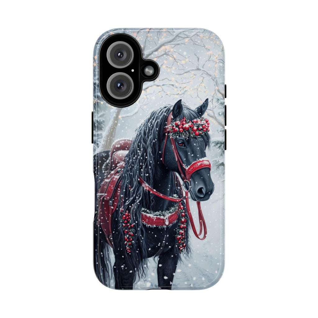 Black Horse Red Harness & Winter Forest Phone Case, Festive Christmas Cover for Horse Lovers iPhone 16 15 14 13 Magsafe, Samsung S24, 440.6