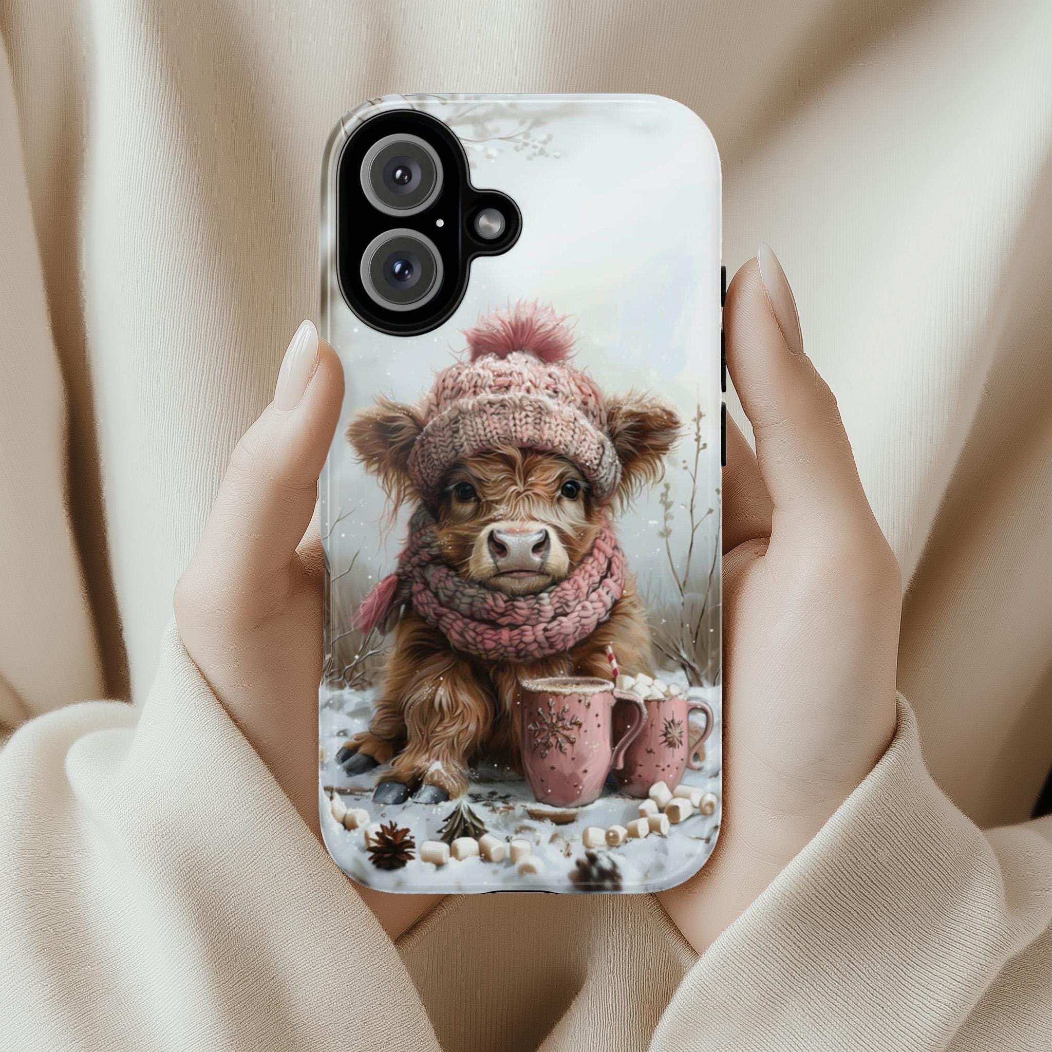 Cute Highland Cow & Winter Forest Phone Case, Festive Xmas Hot Chocolate Marshmellow iPhone 16 15 14 13 Pro Max Plus, Samsung S24, 440.1