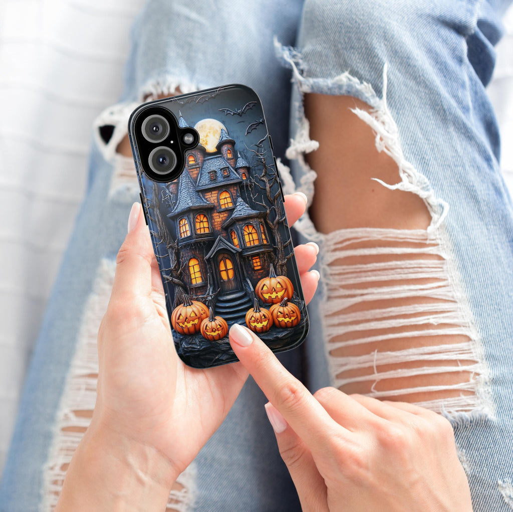 Halloween Haunted House Phone Case, 3D Effect Spooky Design with Pumpkins, Creepy Autumn Cover for iPhone Tough or Magsafe, Samsung, 475.1