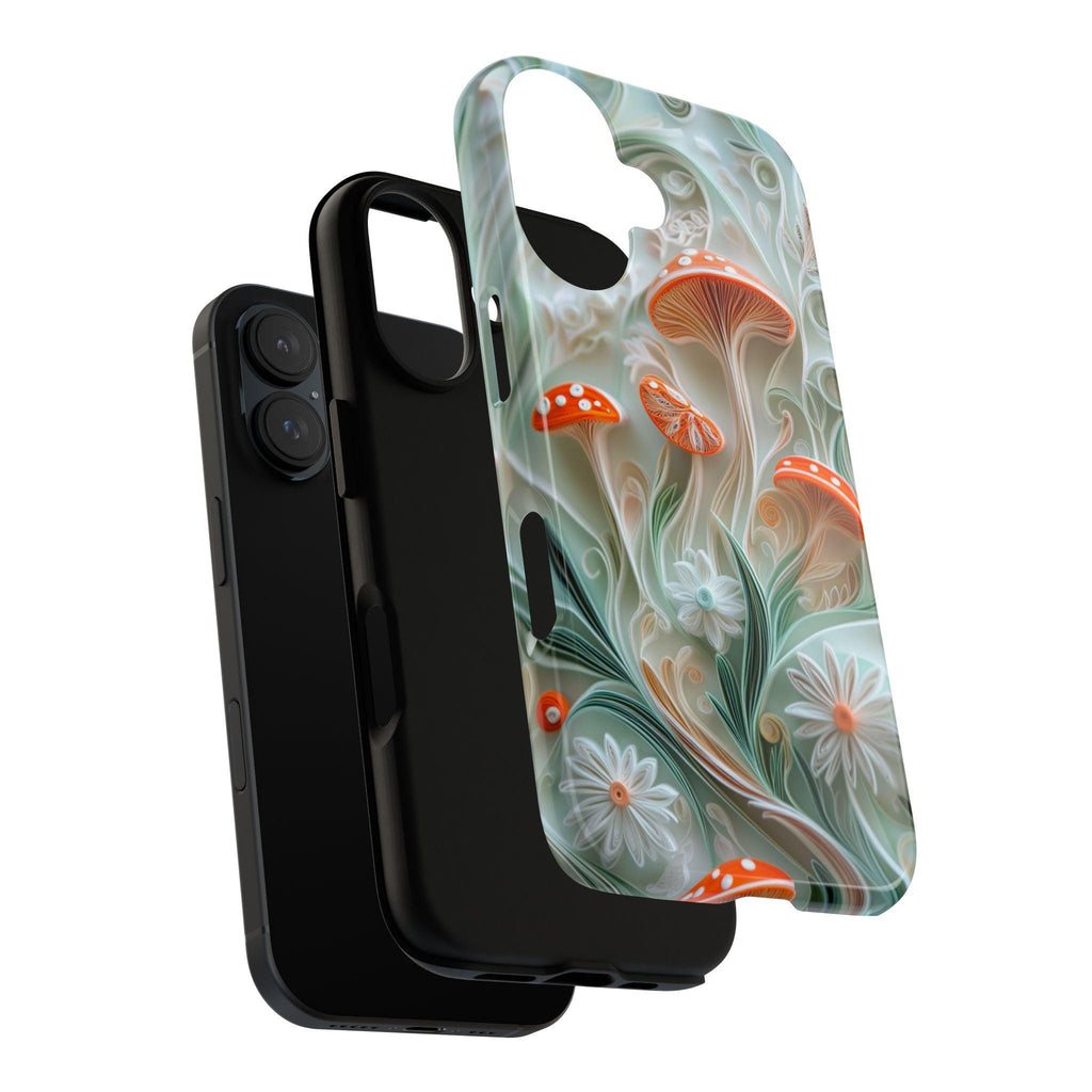 Magical Forest Mushroom Phone Case with Paper Art Design, Woodland & Nature Lovers for iPhone 16 15 14 13 Tough or Magsafe, Samsung, 470.14