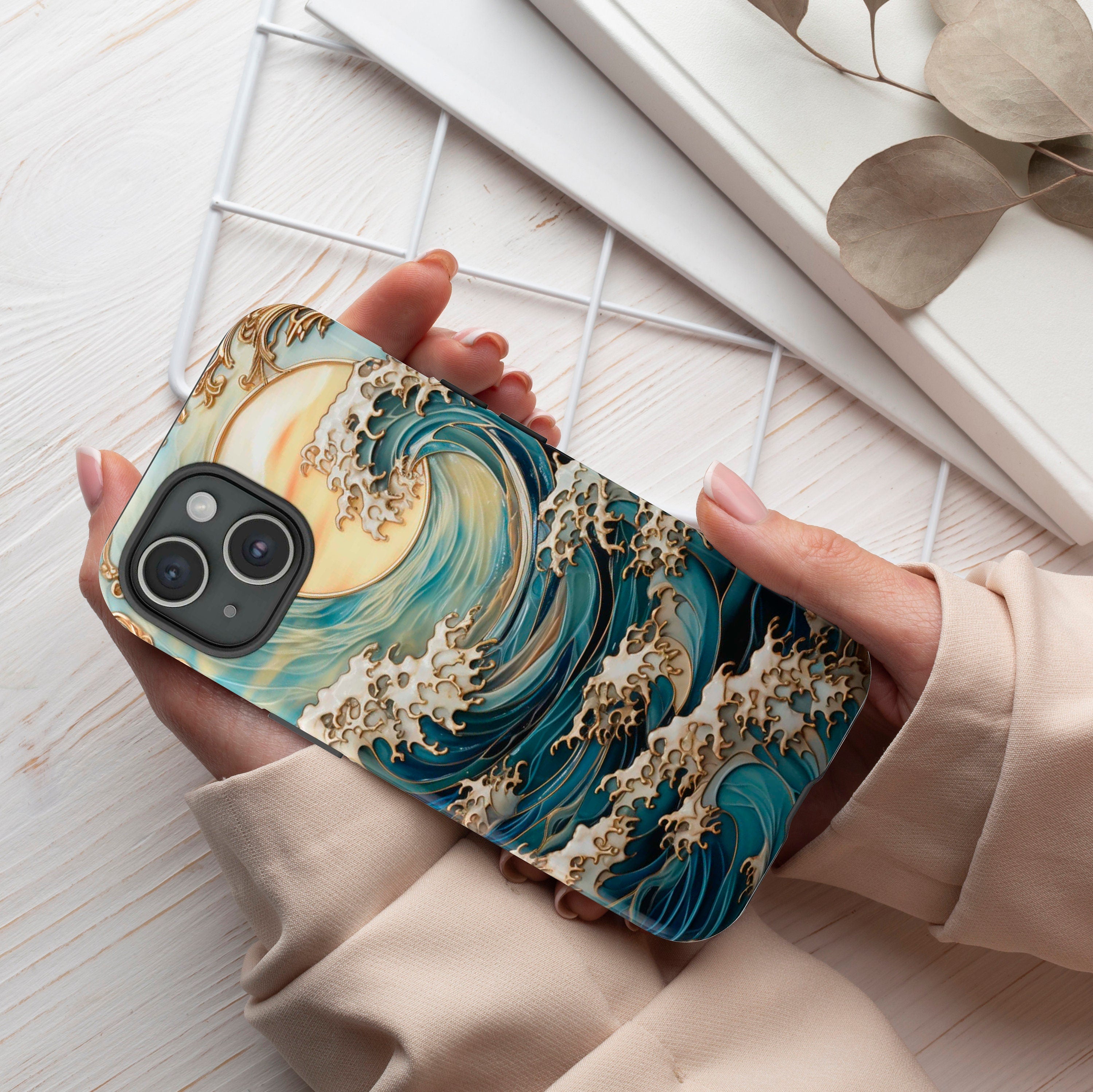 Ocean Waves & Sun Rays Stained Glass Design Illusion Print Tough Phone Case For iPhone 16 15 14 13 Tough or Magsafe, Galaxy S25, Pixel, 343