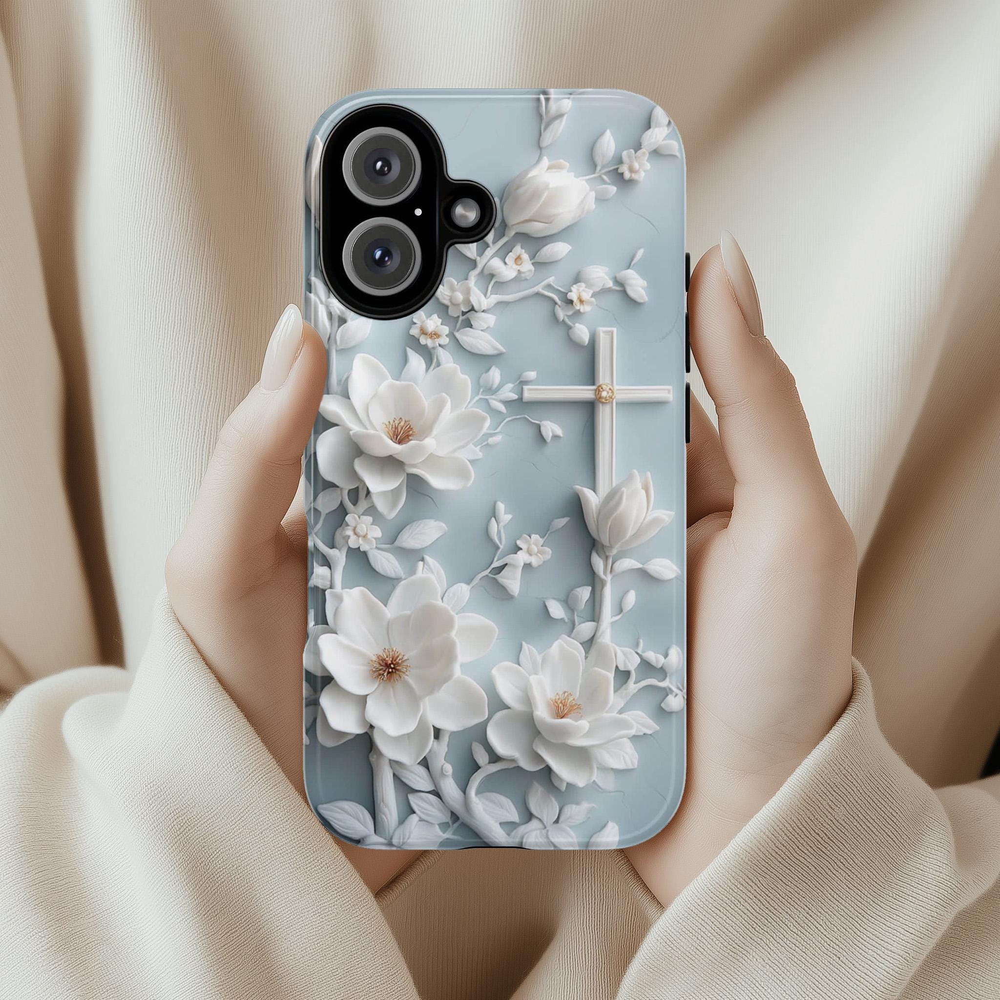 Christian White Cross Floral Phone Case, Elegant Faith Art Cover, Charm Floral Case iPhone 16 15 14 13 Tough or Magsafe, Samsung S25, 472.6