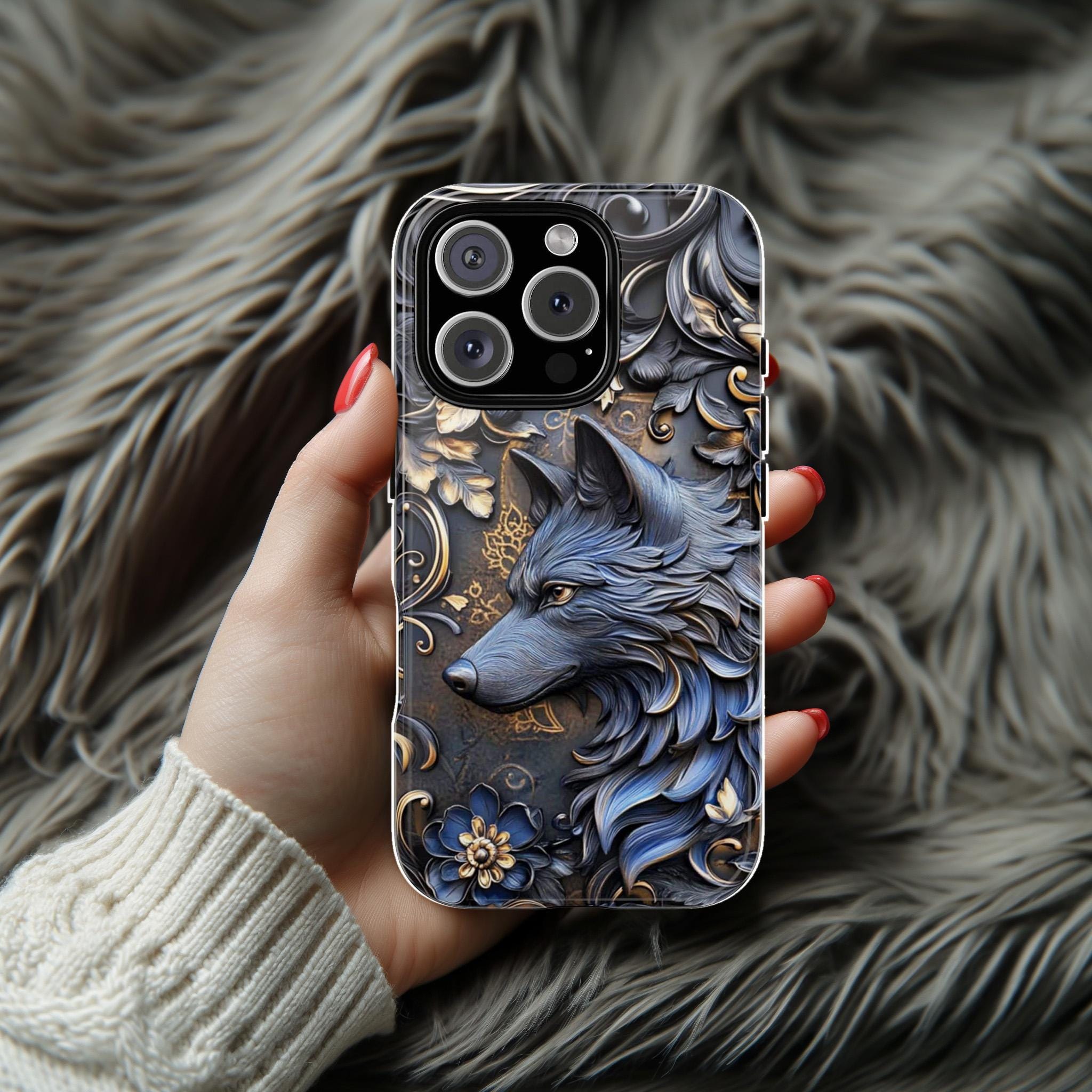 3D Dark Gothic Fantasy Wolf Phone Case, Gothic Floral Phone Cover for iPhone 16 15 14 13 Pro Magsafe Samsung Galaxy S24, 465.2