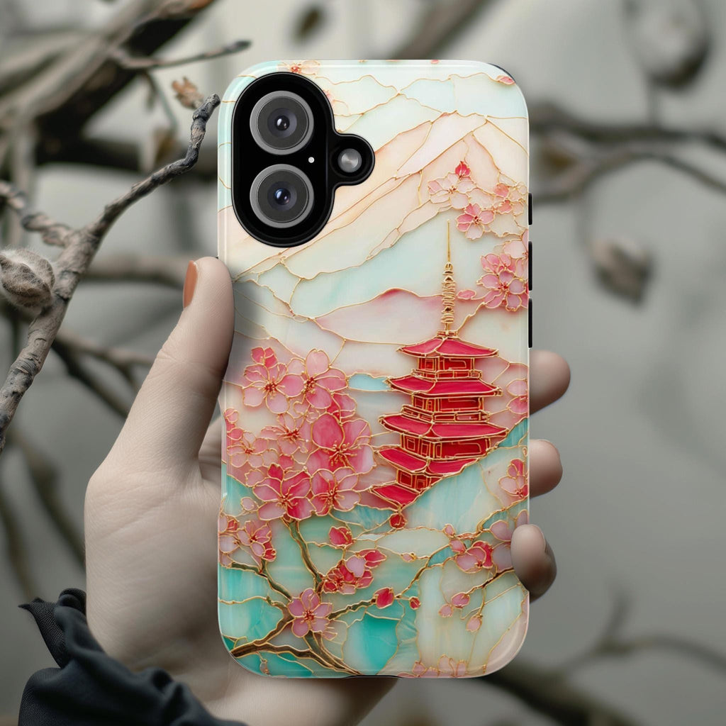 Cherry Blossom Phone Case, Mount Fuji & Pagoda Japanese Sakura Stained Glass Design for iPhone 16 15 Tough or Magsafe, Samsung S25, 469.11