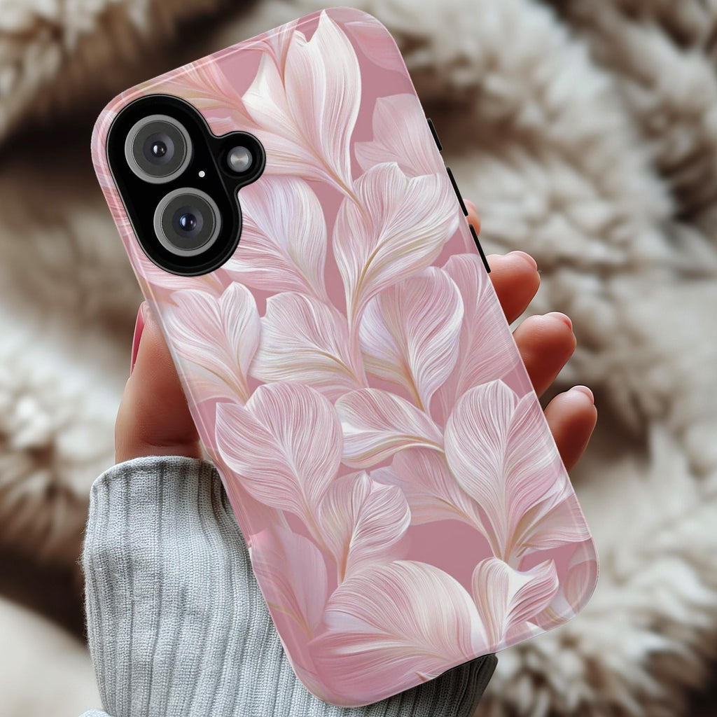 Elegant 3D Pastel Leaves Phone Case in Pale Pink | Stylish Nature Floral Phone Cover for iPhone 16 15 Tough or Magsafe, Samsung, 476.35