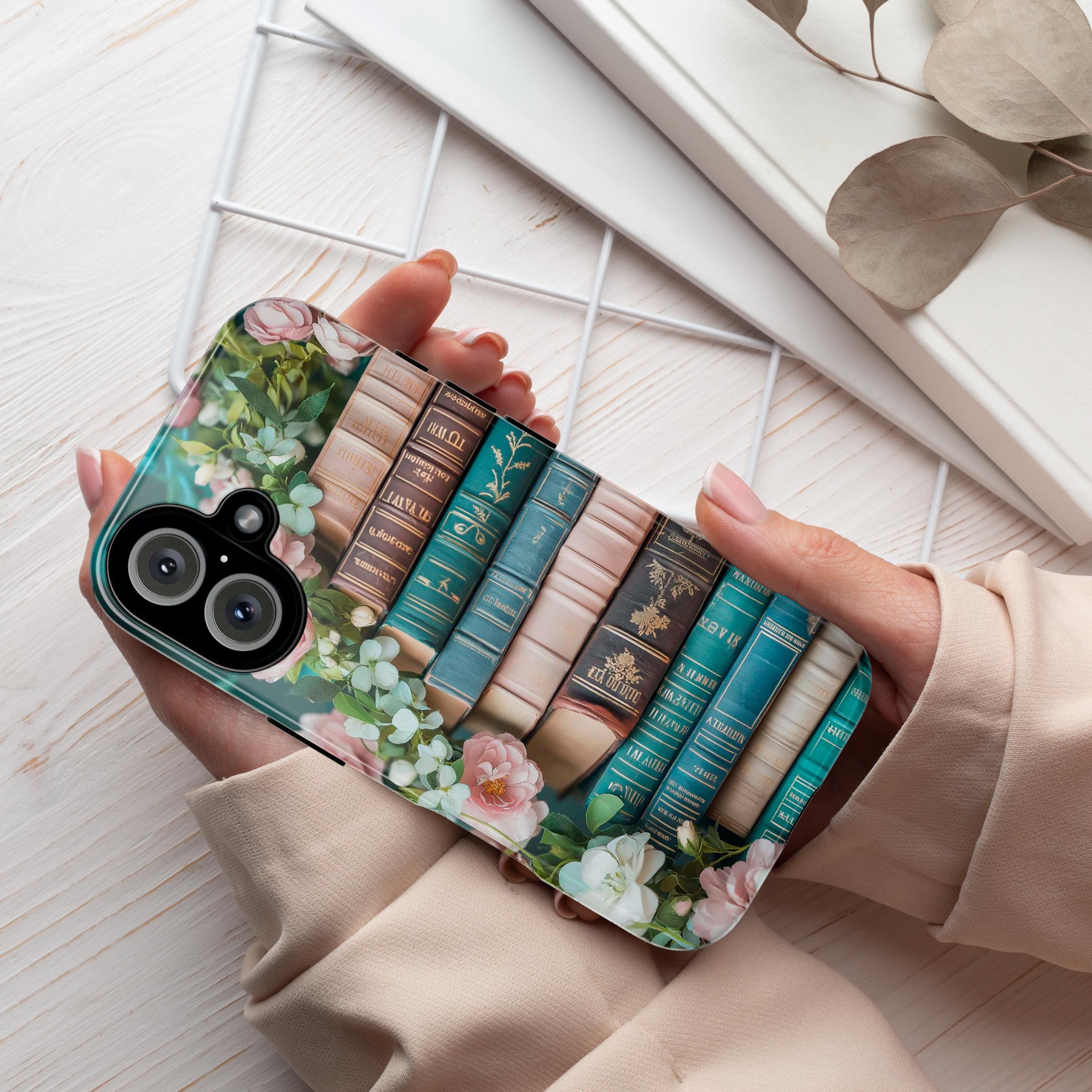 3D Books and Floral Phone Case, Pastel Literary Art Phone Case, Bookworms Gift Phone Cover for iPhone Magsafe, Samsung, 423.15