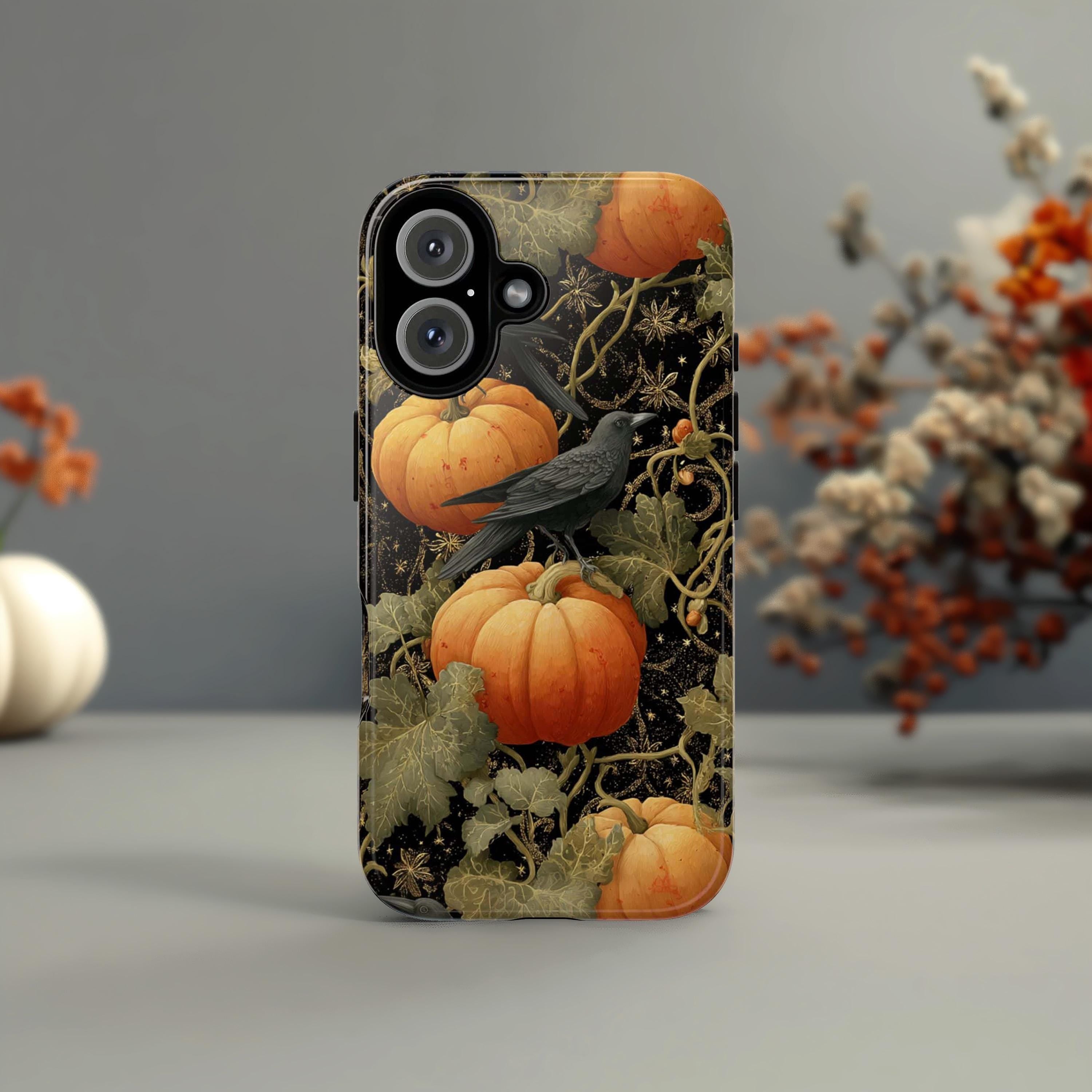 Halloween Phone Case, Pumpkins & Crows with Vine Tendrils Cover, Gothic Fall Vibes for iPhone 16 15 14 Tough or Magsafe, Samsung, 475.10