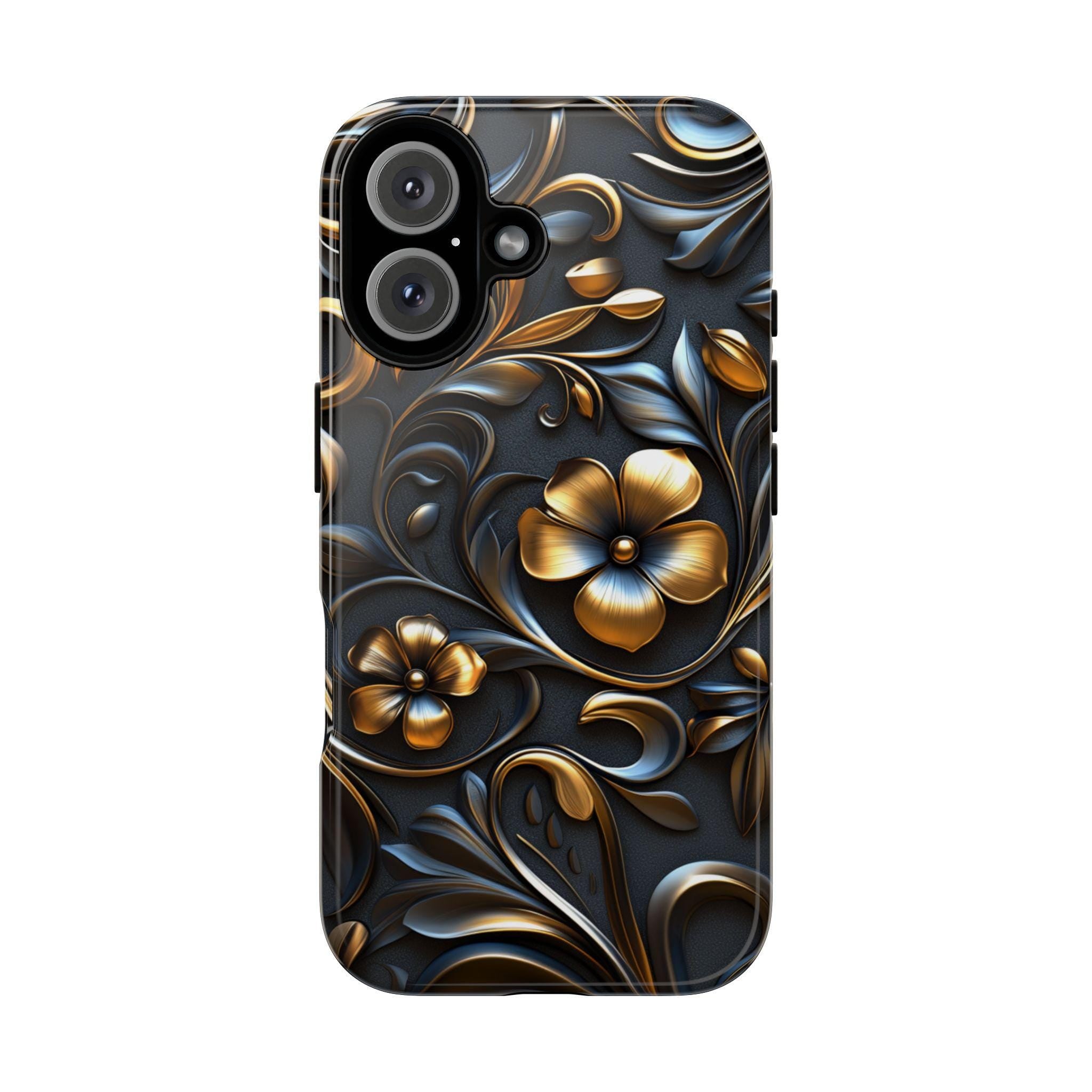 3D Gothic Gold Black Floral Phone Case - Dark Night Flowers Case fit for iPhone 16 Pro Max 15 14 13 12 Plus, Samsung S25 Ultra Plus, 428.1