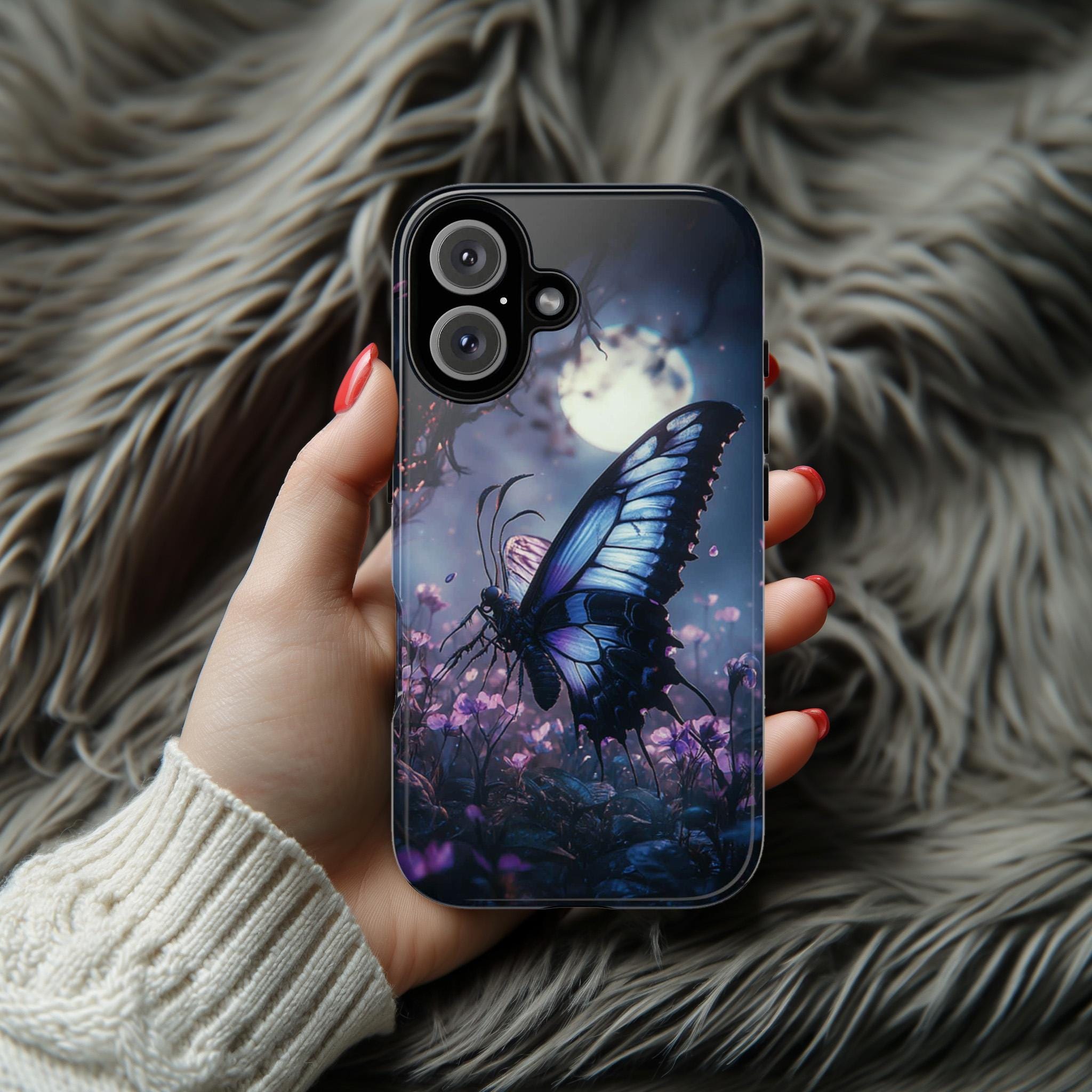 Gothic Butterfly Phone Case, Pink Flowers & Moon Design, Dark Fantasy Mystic Art Phone Cover for iPhone 16, Samsung S25, Pixel 9, 463.8
