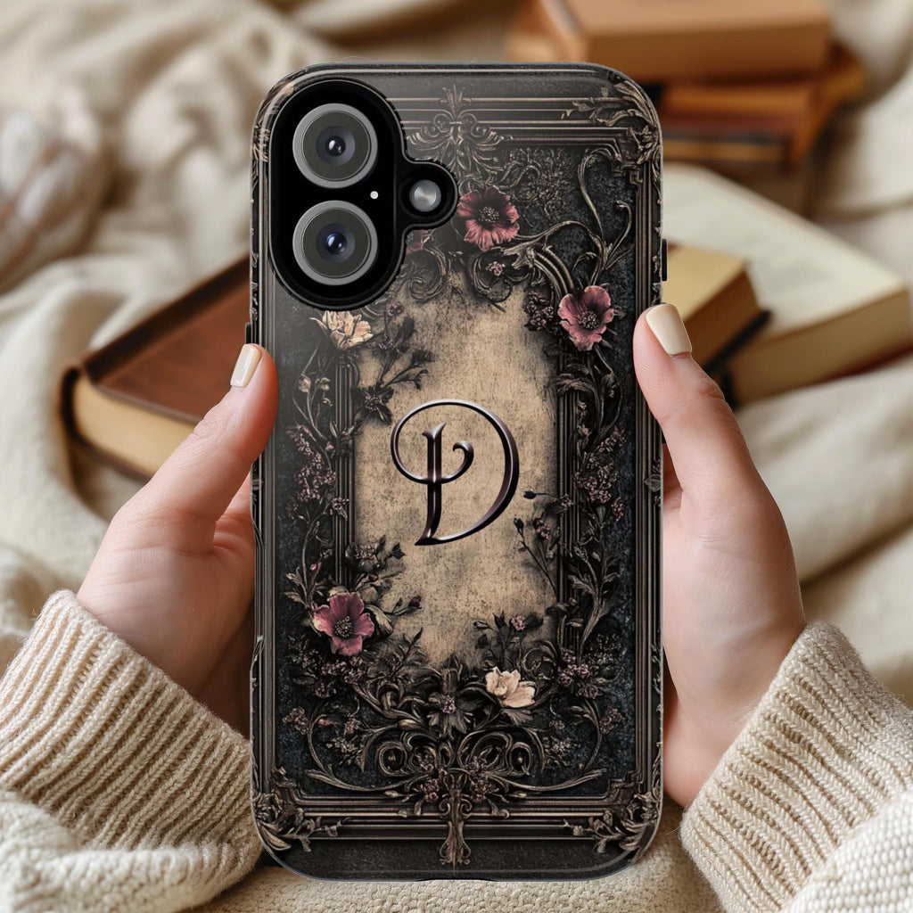 Dark Gothic Floral 3D effect Phone Case, Personalized Monogrammed Cover, Elegant Baroque Flower Design for iPhone 16, Samsung, Pixel, 463.5