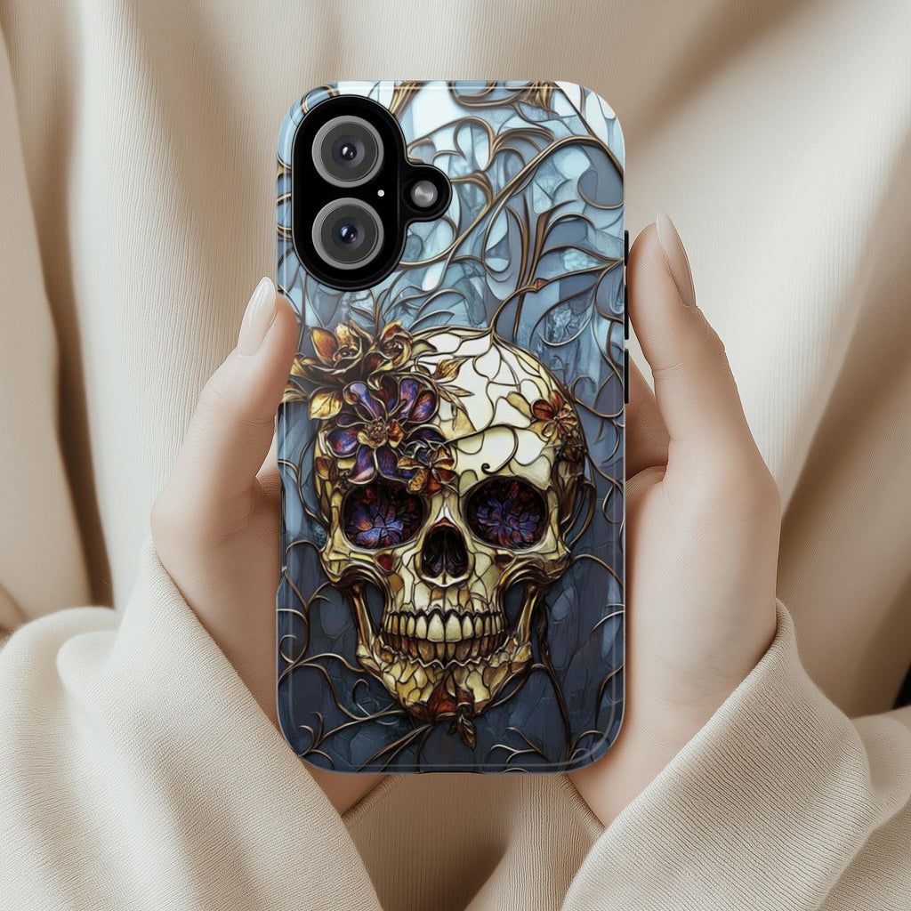 Stained Glass Dark Gothic Skull & Floral Phone Case, Dark Fantasy Art Design Phone Case for iPhone 16, Samsung S25, Pixel 9, 465.4