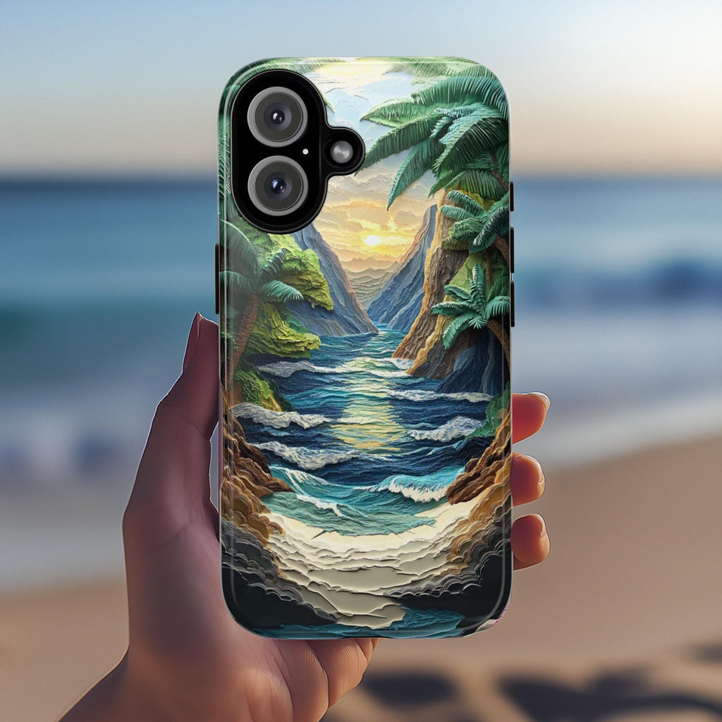 Mountain & Beach Wave Phone Case, 3D Paper Style Design, Layered Nature Landscape Cover for iPhone 16 15 Tough or Magsafe, Samsung, 470.5