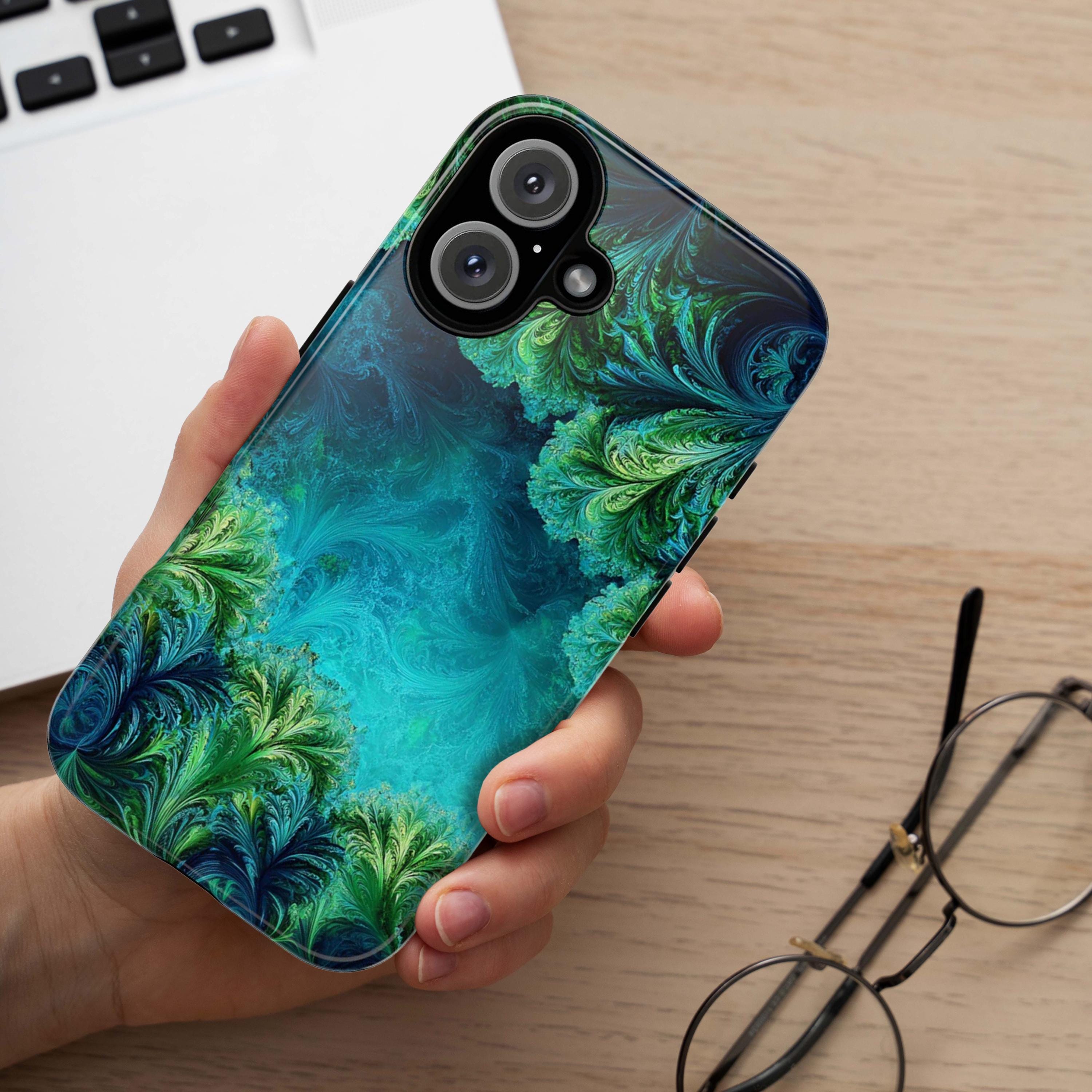 Tropical Ocean Landscape Phone Case, 3D Art Effect in Blue & Green Cover for iPhone 16 15 14 13 Tough or Magsafe, Samsung, 466.13