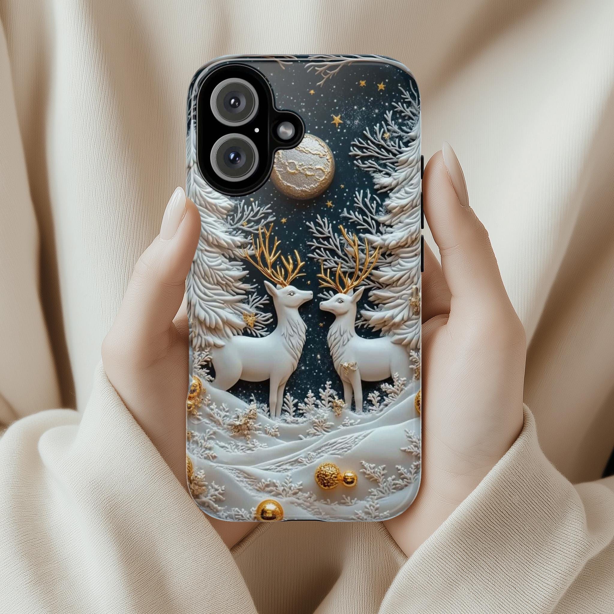 Winter Forest Reindeer Phone Case, Snowy Christmas Deer MagSafe for iPhone 16 15 14 13 12 Pro Max Plus, Samsung S24 Ultra, Pixel 8, 433.19