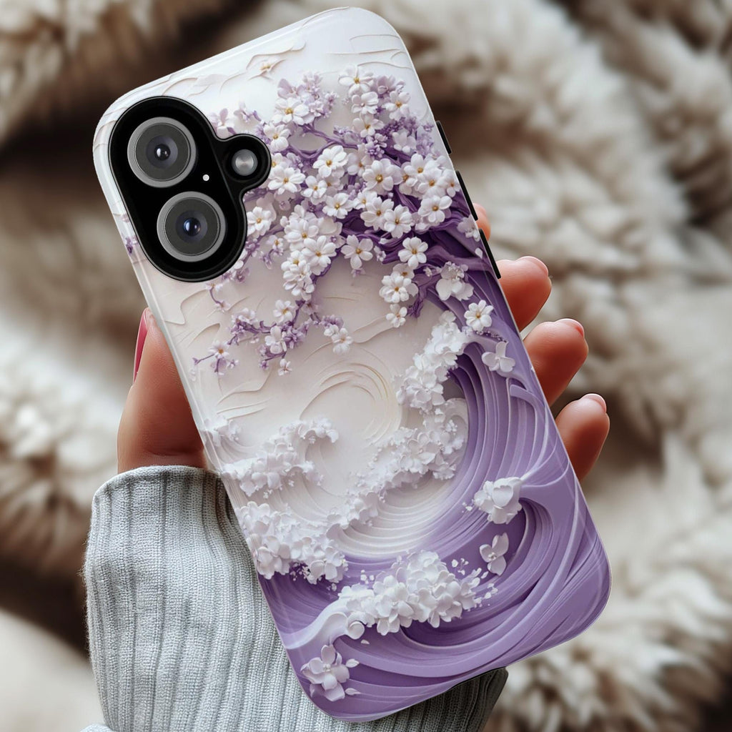 Sakura Cherry Blossom & Waves Phone Case, Purple Japanese Art Cover, 3D Elegant Floral Case for iPhone 16 15 14 Magsafe, Samsung S25, 469.2