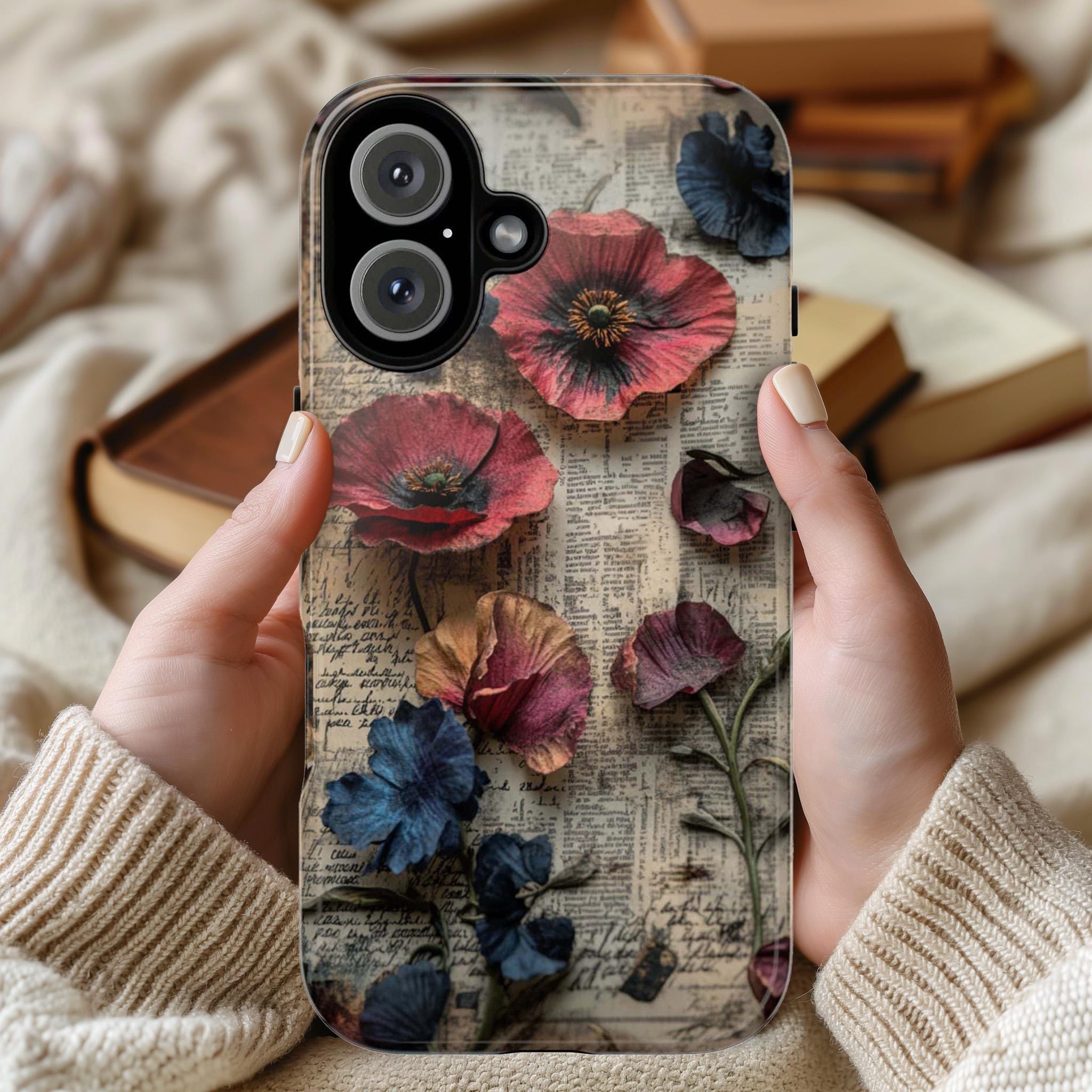 Botanical Floral Phone Case with Rustic Newspaper Design, Romantic Vintage Flower Cover for iPhone 16 15 Tough or Magsafe, Samsung, 476.4
