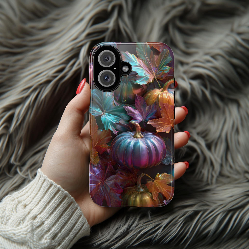 Shiny Halloween Pumpkin Phone Case with Autumn Leaves, Metallic Effect Seasonal Cover for iPhone 16 15 14 Tough or Magsafe, Samsung, 475.22