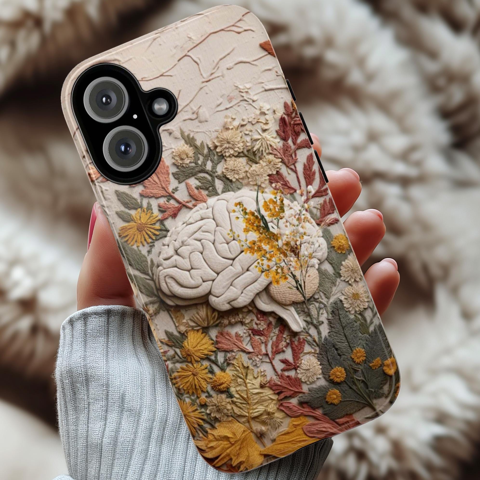 Fantasy Brain Floral Phone Case, Anatomical Brain & Autumn Flowers, Anatomy Art for iPhone 17 16 Tough or Magsafe, Samsung, 430.8