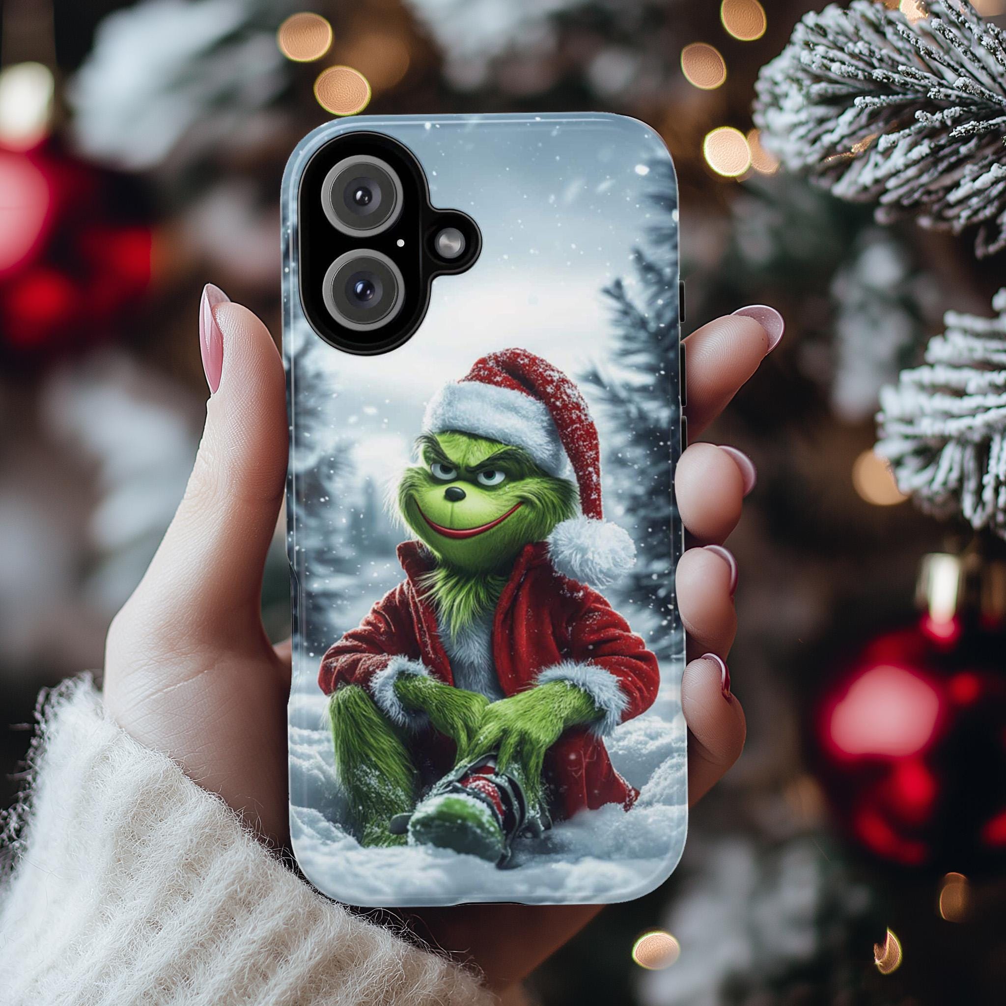Funny Grinch Christmas Phone Case, Winter Forest Cover Xmas Grinch Art Cover for iPhone 16 15 14 13 Pro Max Plus, Samsung S24, 431.11