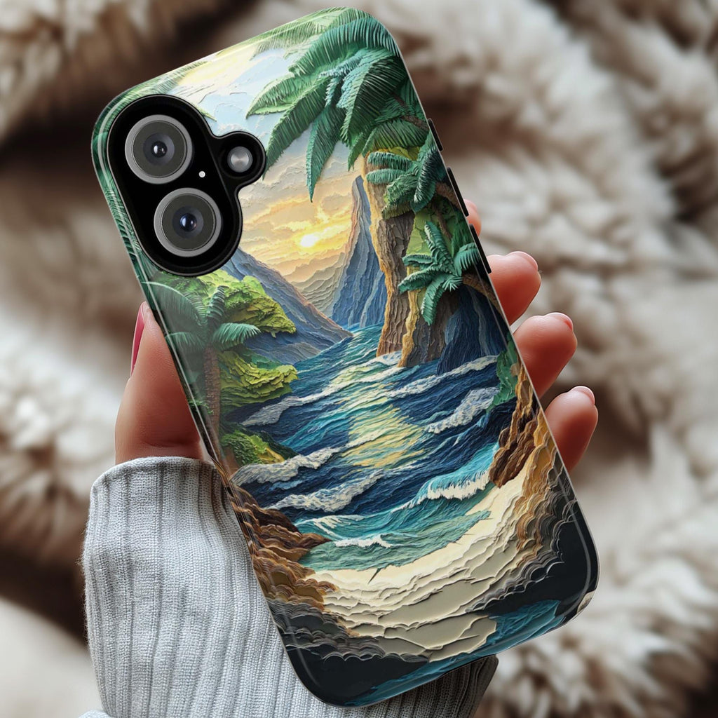 Mountain & Beach Wave Phone Case, 3D Paper Style Design, Layered Nature Landscape Cover for iPhone 16 15 Tough or Magsafe, Samsung, 470.5